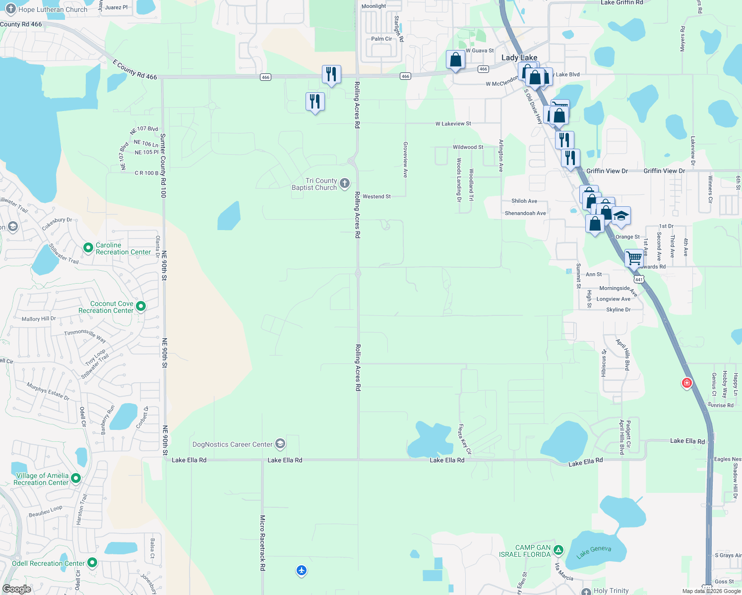 map of restaurants, bars, coffee shops, grocery stores, and more near 37820 Rolling Acres Road in Lady Lake