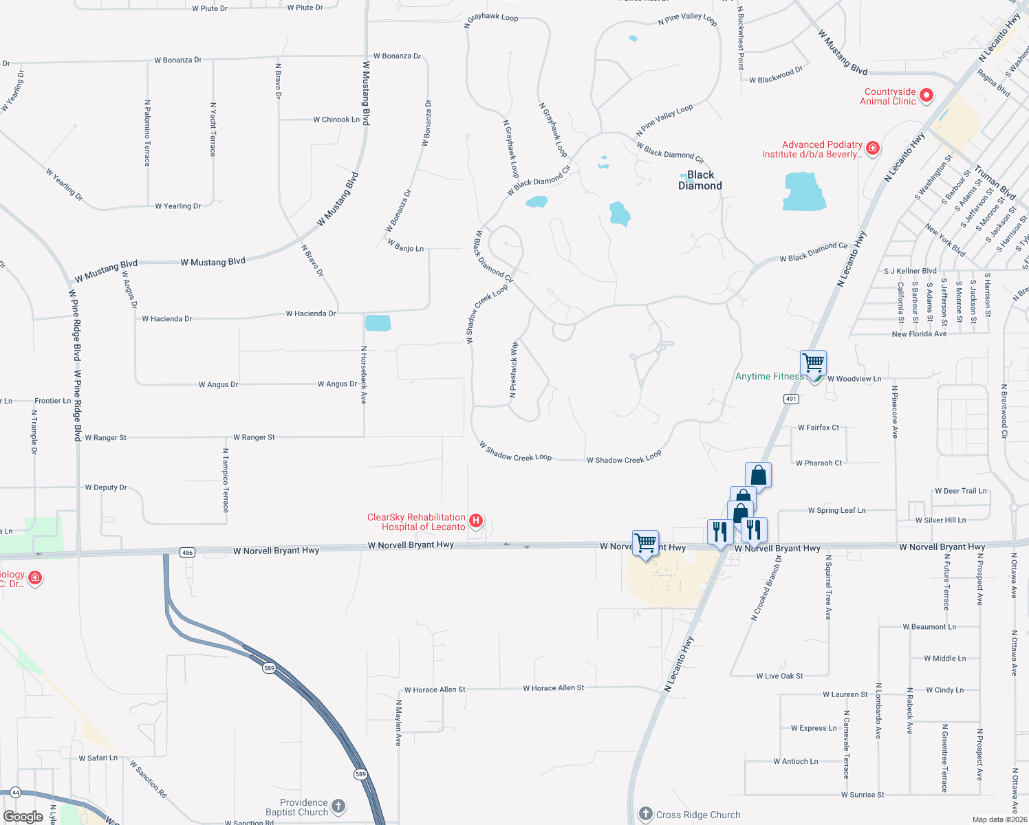 map of restaurants, bars, coffee shops, grocery stores, and more near 2618 North Carnoustie Loop in Lecanto