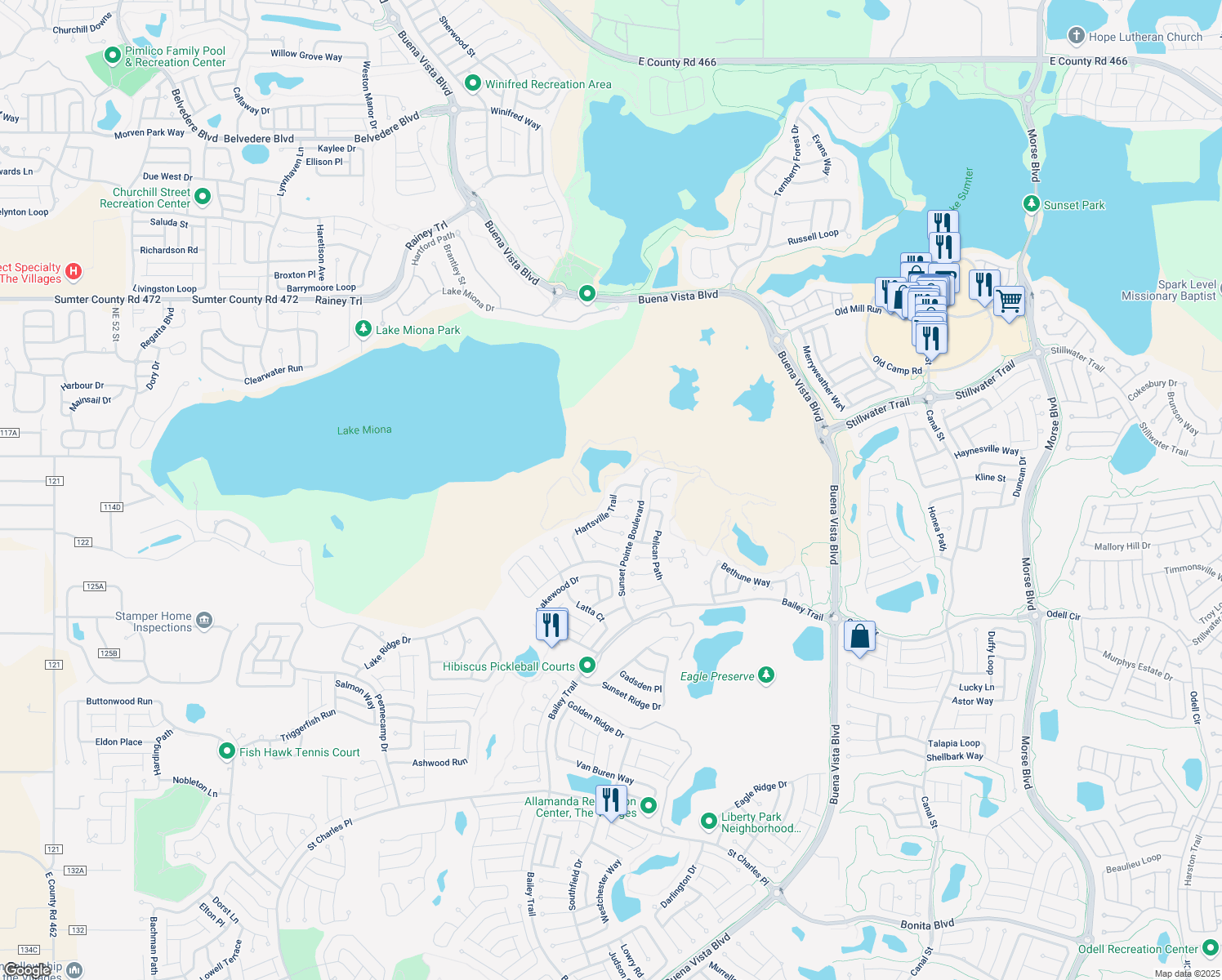 map of restaurants, bars, coffee shops, grocery stores, and more near 1581 Hartsville Trail in The Villages