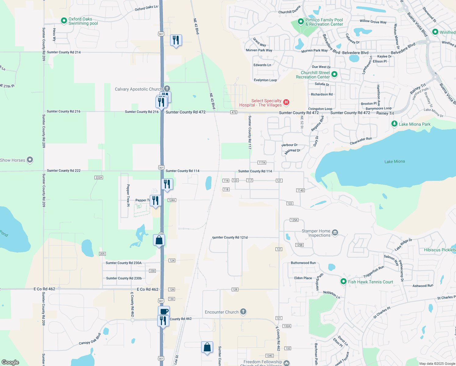 map of restaurants, bars, coffee shops, grocery stores, and more near 4571 County Road 116 in Wildwood