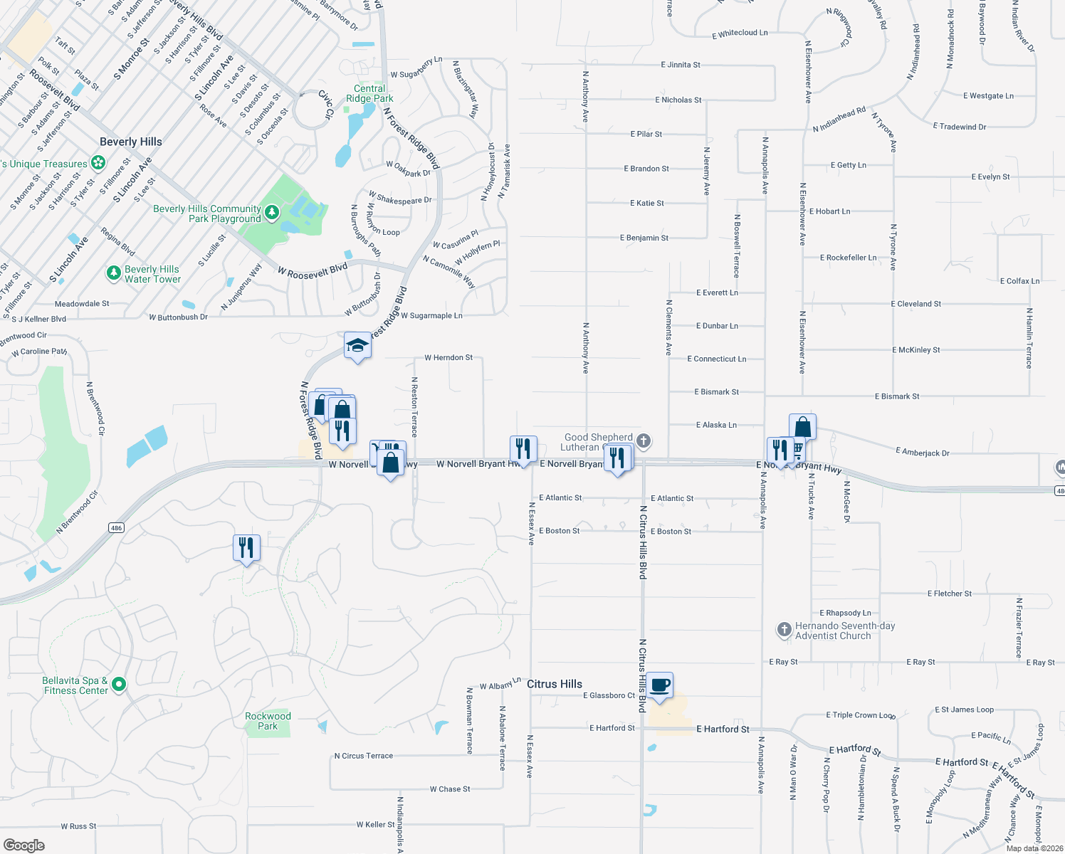 map of restaurants, bars, coffee shops, grocery stores, and more near 74 East Dusty Court in Hernando