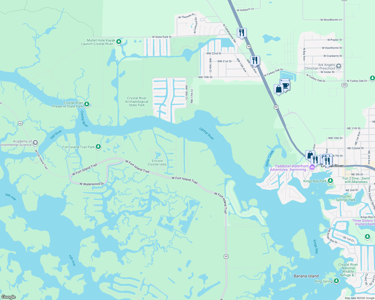 map of restaurants, bars, coffee shops, grocery stores, and more near 2788 North Comanche Point in Crystal River