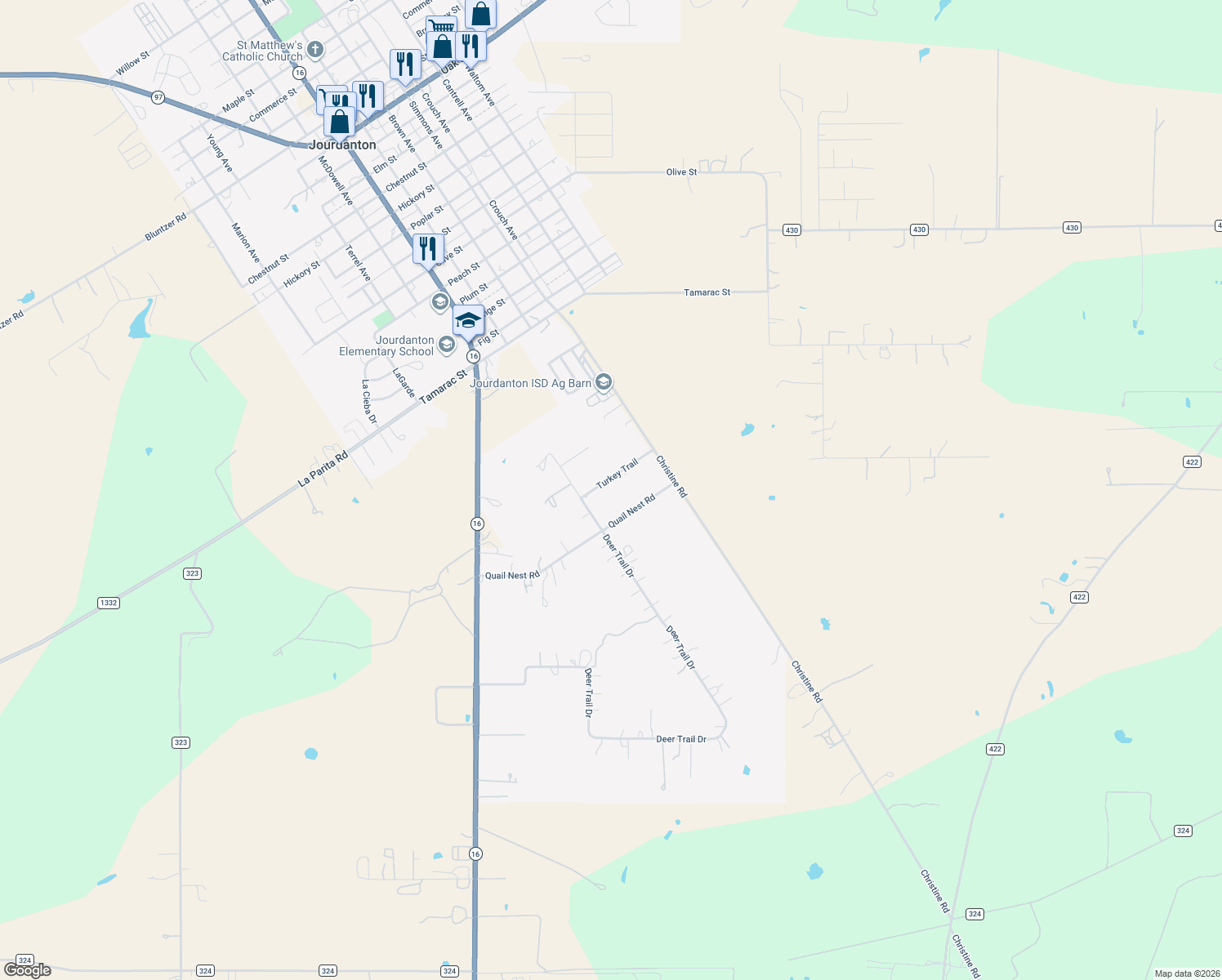 map of restaurants, bars, coffee shops, grocery stores, and more near 106 Turkey Trail in Jourdanton