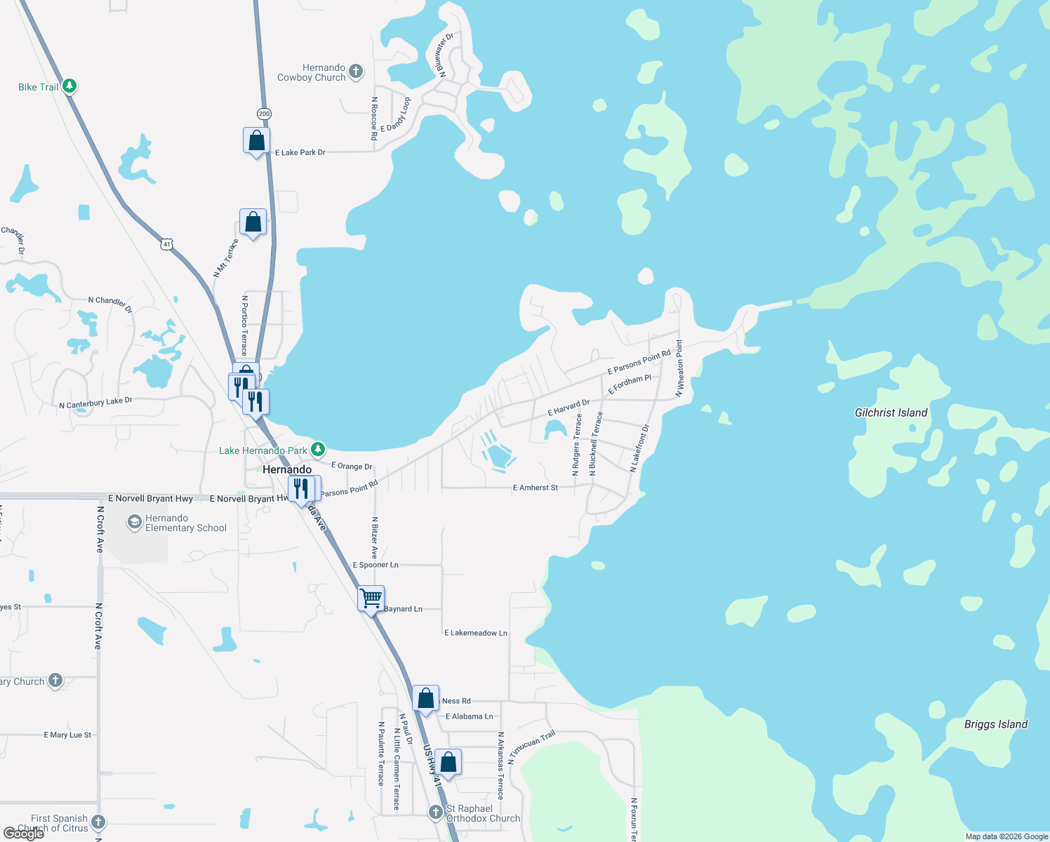 map of restaurants, bars, coffee shops, grocery stores, and more near 4460 East Harvard Drive in Hernando