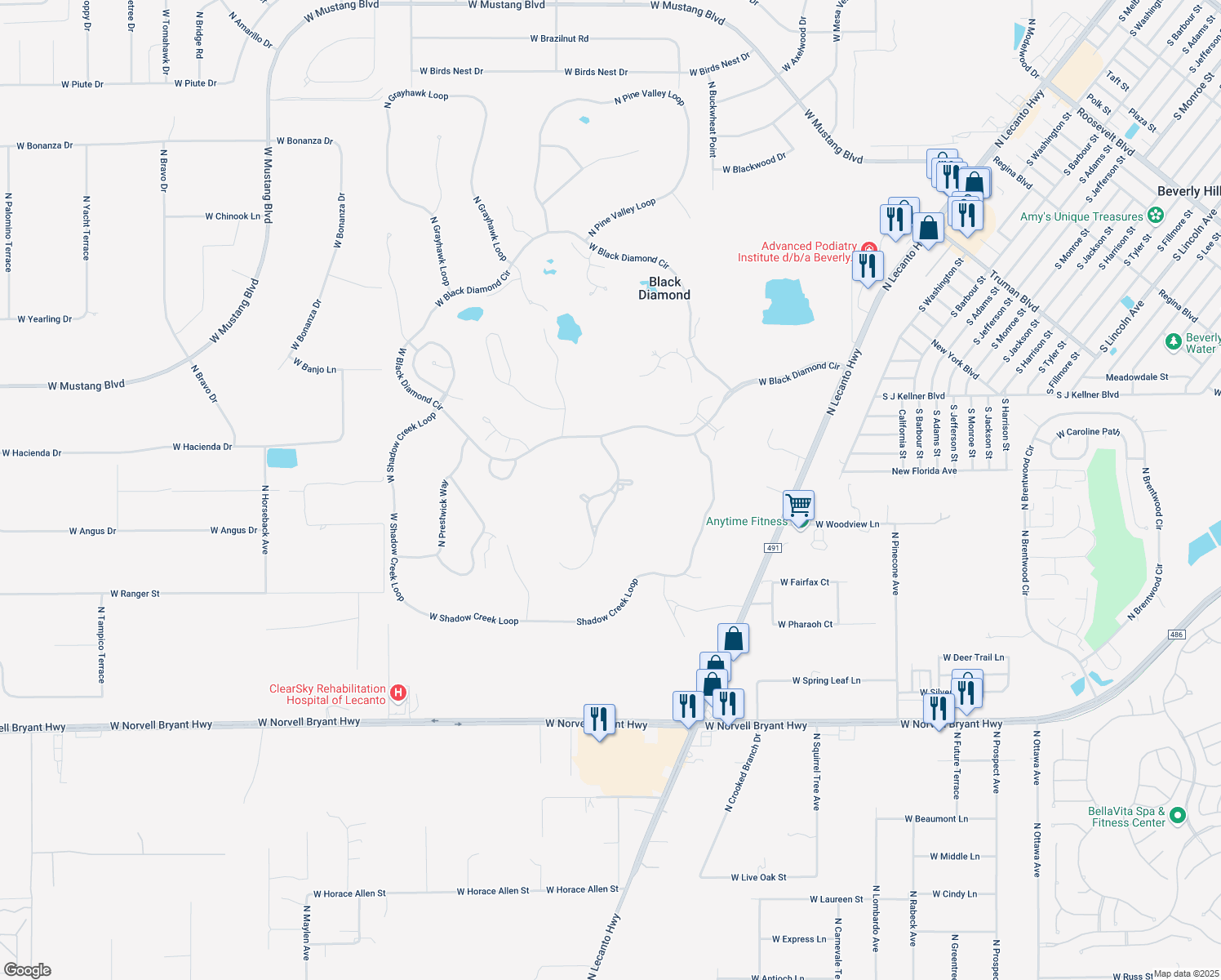 map of restaurants, bars, coffee shops, grocery stores, and more near 2795 North Cross Water Path in Lecanto