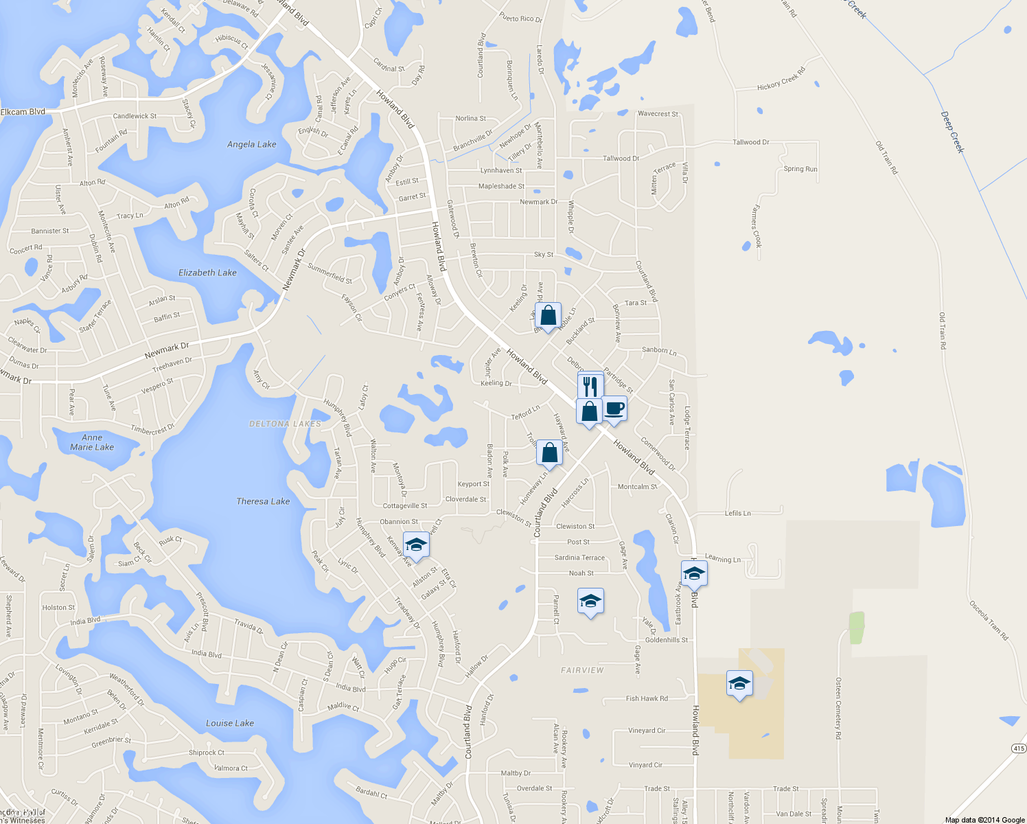 map of restaurants, bars, coffee shops, grocery stores, and more near 3112 Telford Lane in Deltona