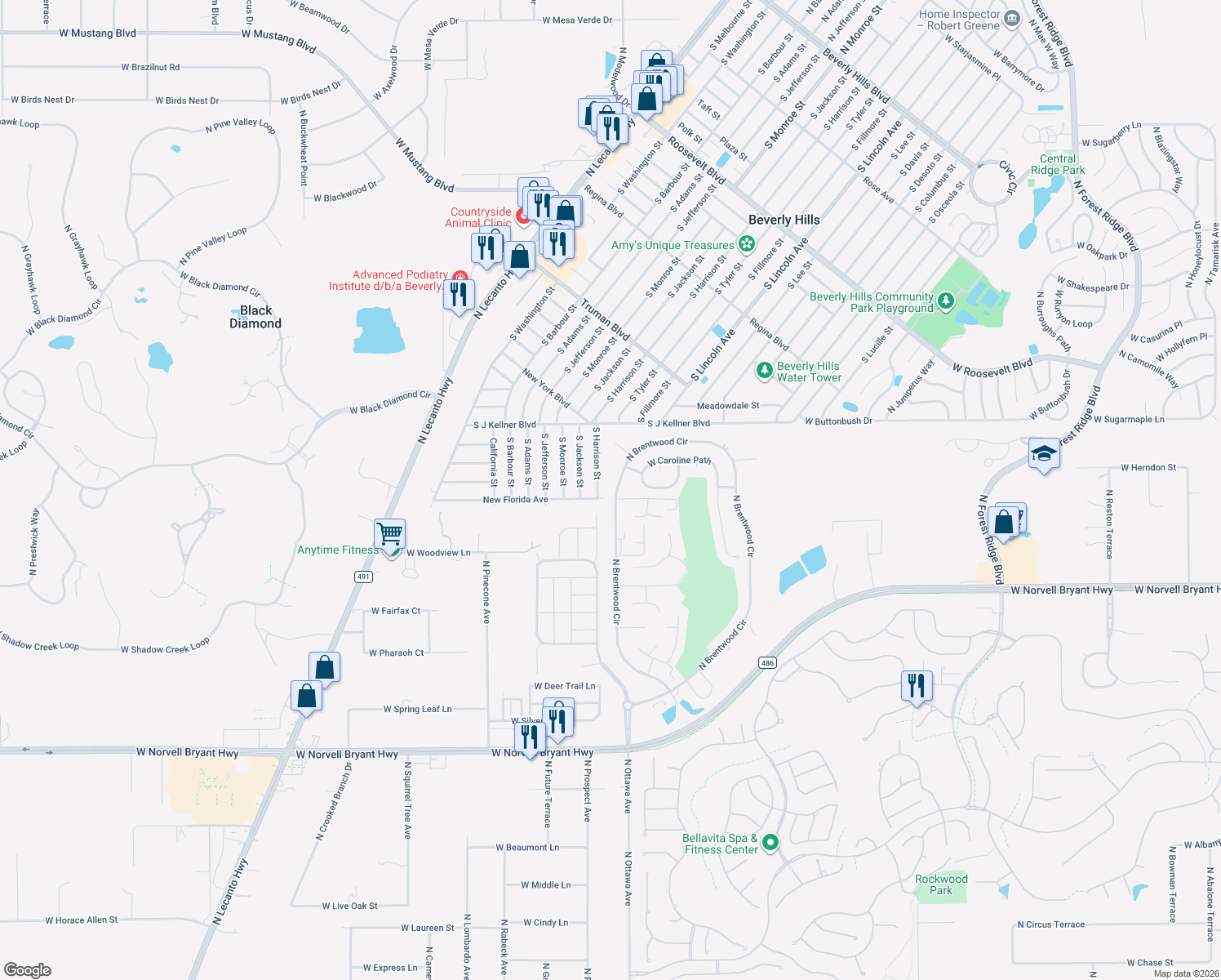 map of restaurants, bars, coffee shops, grocery stores, and more near 2388 North Brentwood Circle in Lecanto