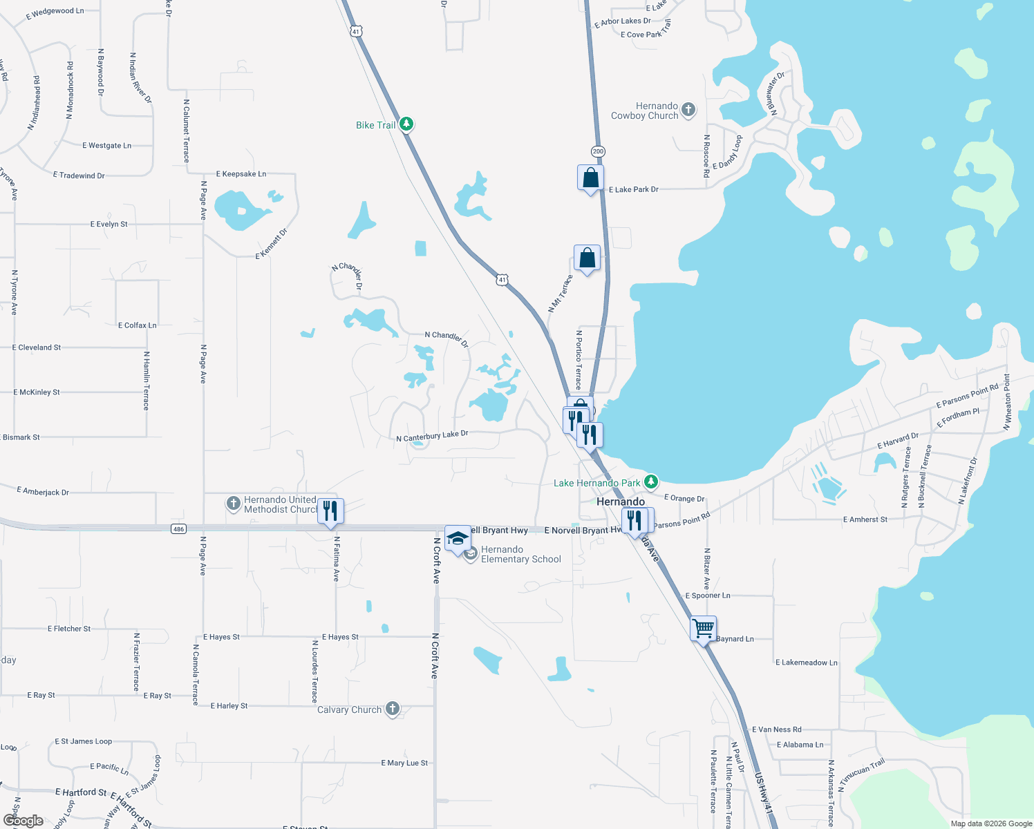 map of restaurants, bars, coffee shops, grocery stores, and more near 2846 North Kittery Point in Hernando