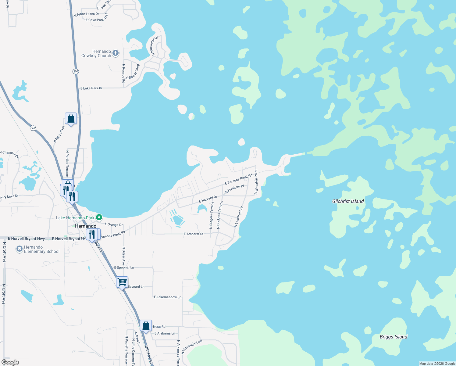 map of restaurants, bars, coffee shops, grocery stores, and more near 4784 East Parsons Point Road in Hernando