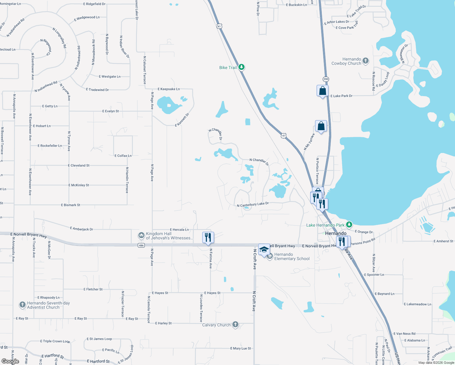 map of restaurants, bars, coffee shops, grocery stores, and more near 2686 East Maidstone Court in Hernando