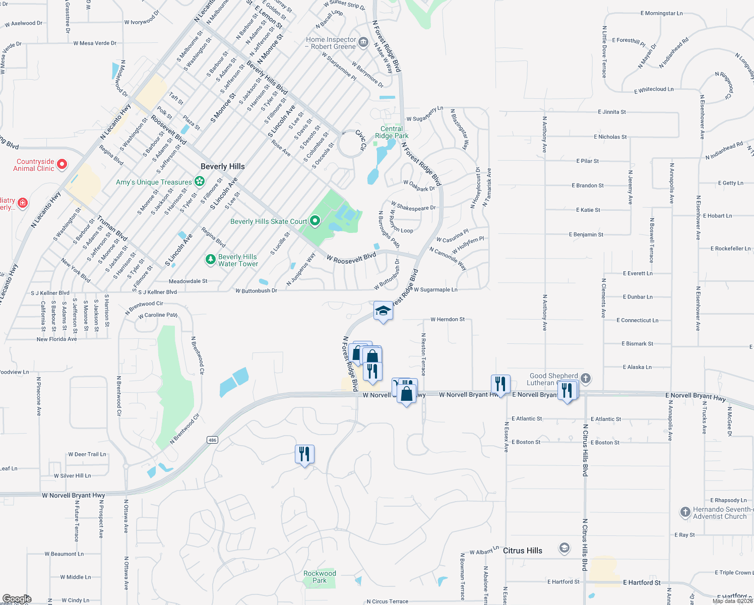 map of restaurants, bars, coffee shops, grocery stores, and more near 612 West Diamond Bird Loop in Hernando