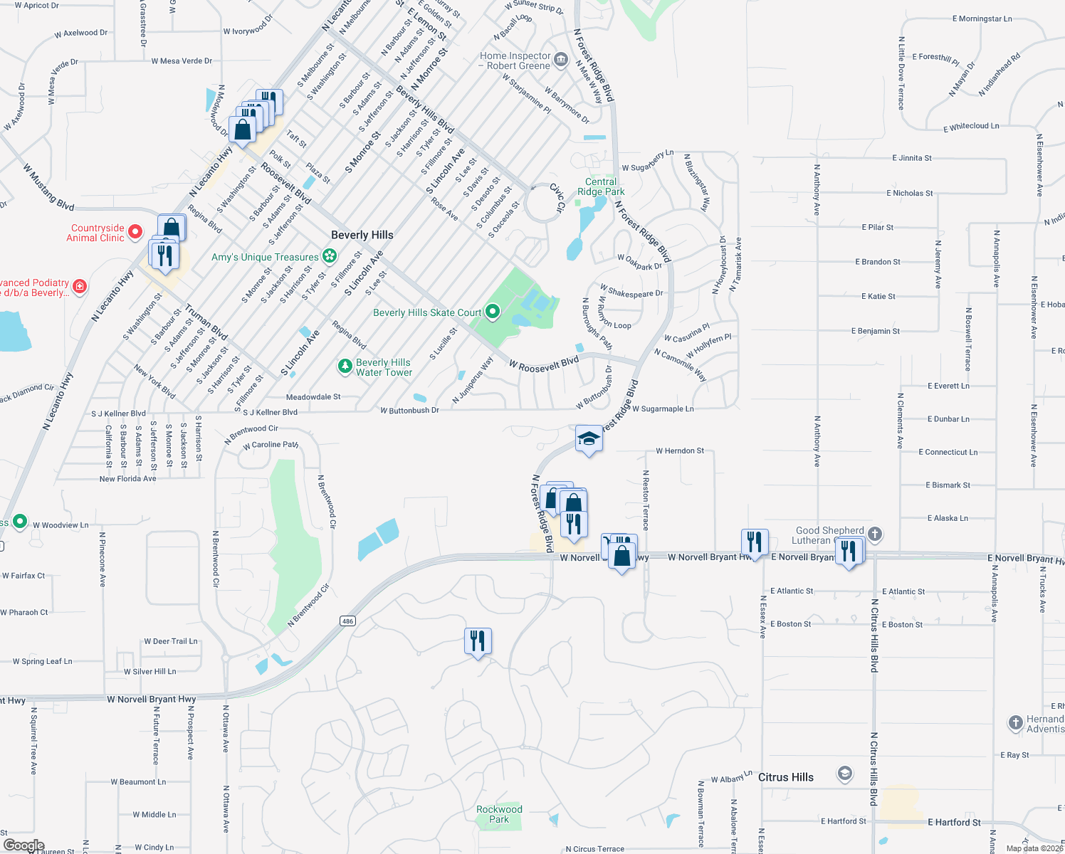 map of restaurants, bars, coffee shops, grocery stores, and more near 798 W Sunbird Path in Hernando