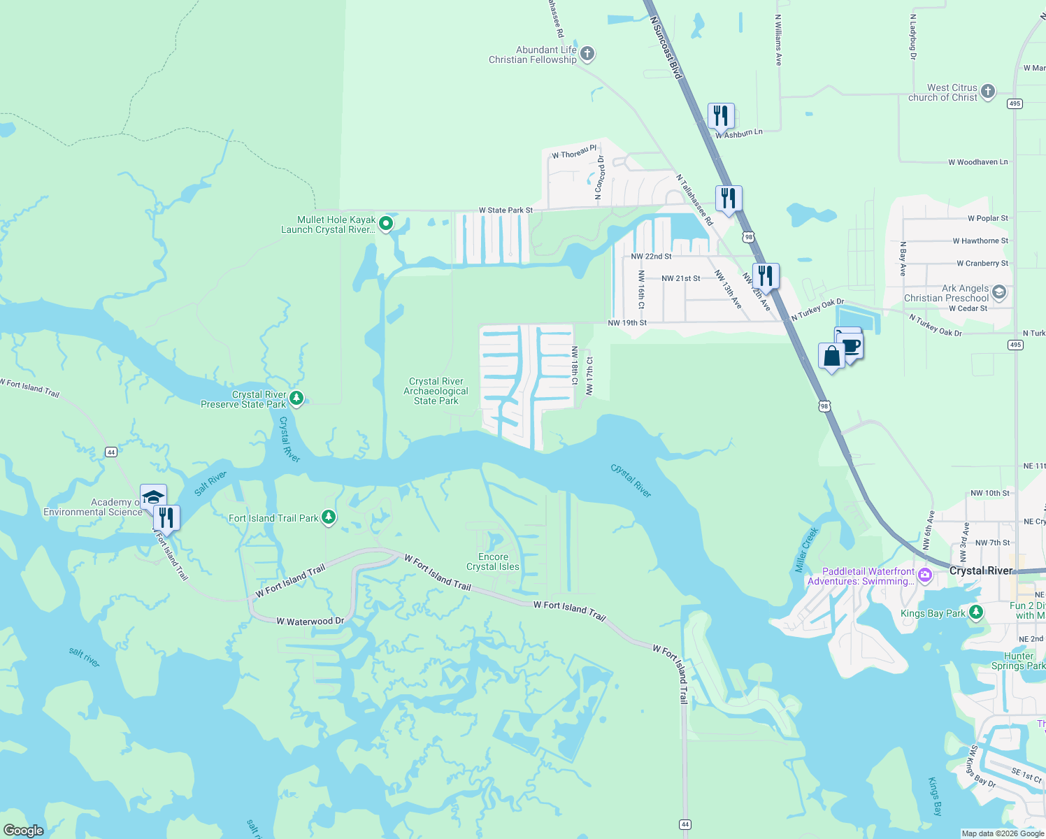 map of restaurants, bars, coffee shops, grocery stores, and more near 1431 Northwest 20th Avenue in Crystal River