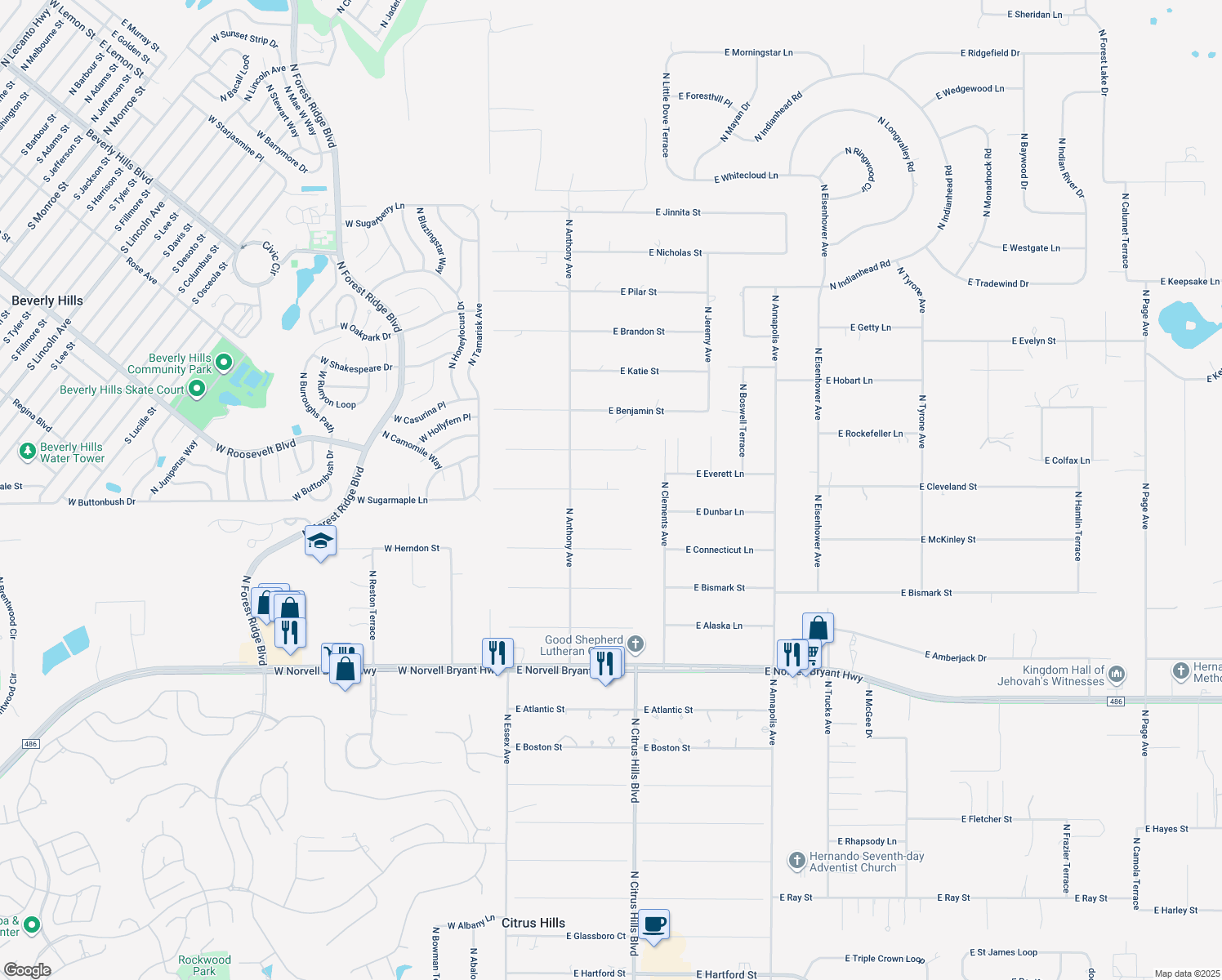 map of restaurants, bars, coffee shops, grocery stores, and more near 476 East Joshua Court in Hernando
