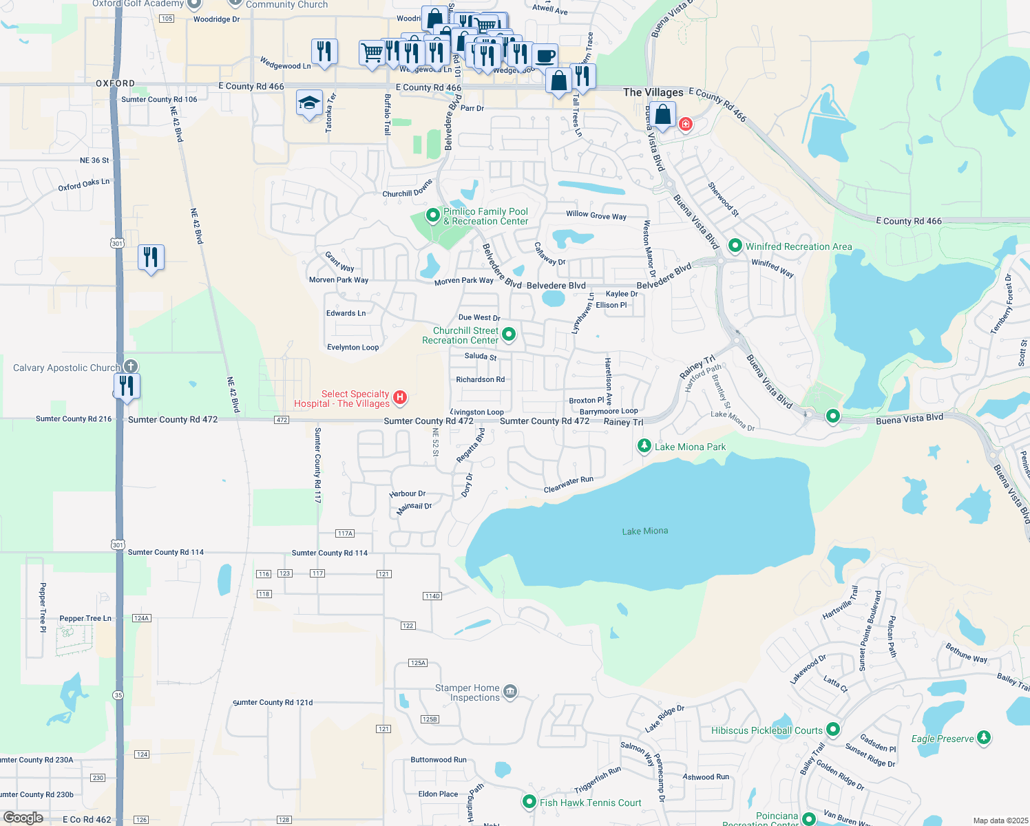 map of restaurants, bars, coffee shops, grocery stores, and more near 903 Livingston Loop in The Villages
