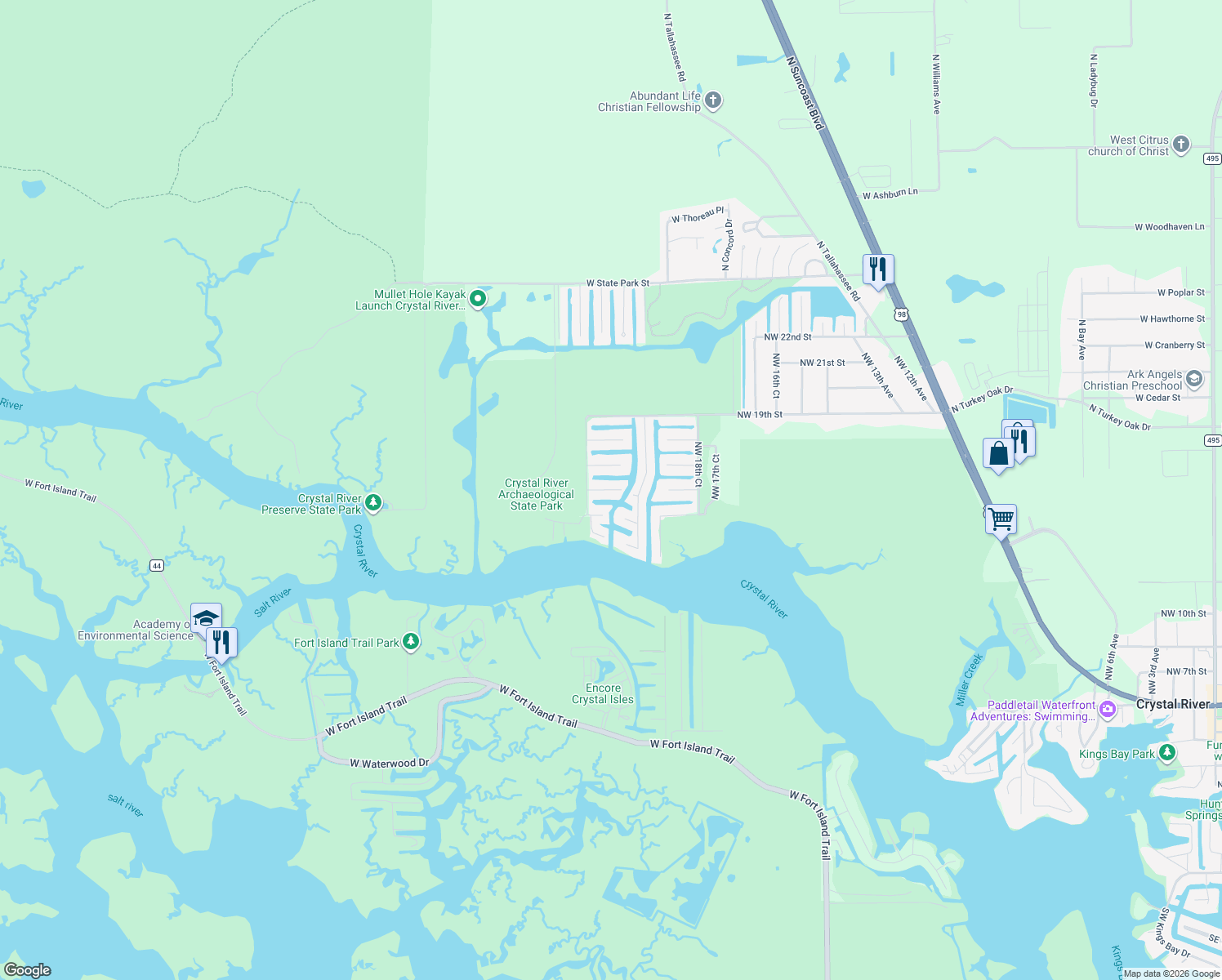 map of restaurants, bars, coffee shops, grocery stores, and more near 1920 Northwest 16th Street in Crystal River