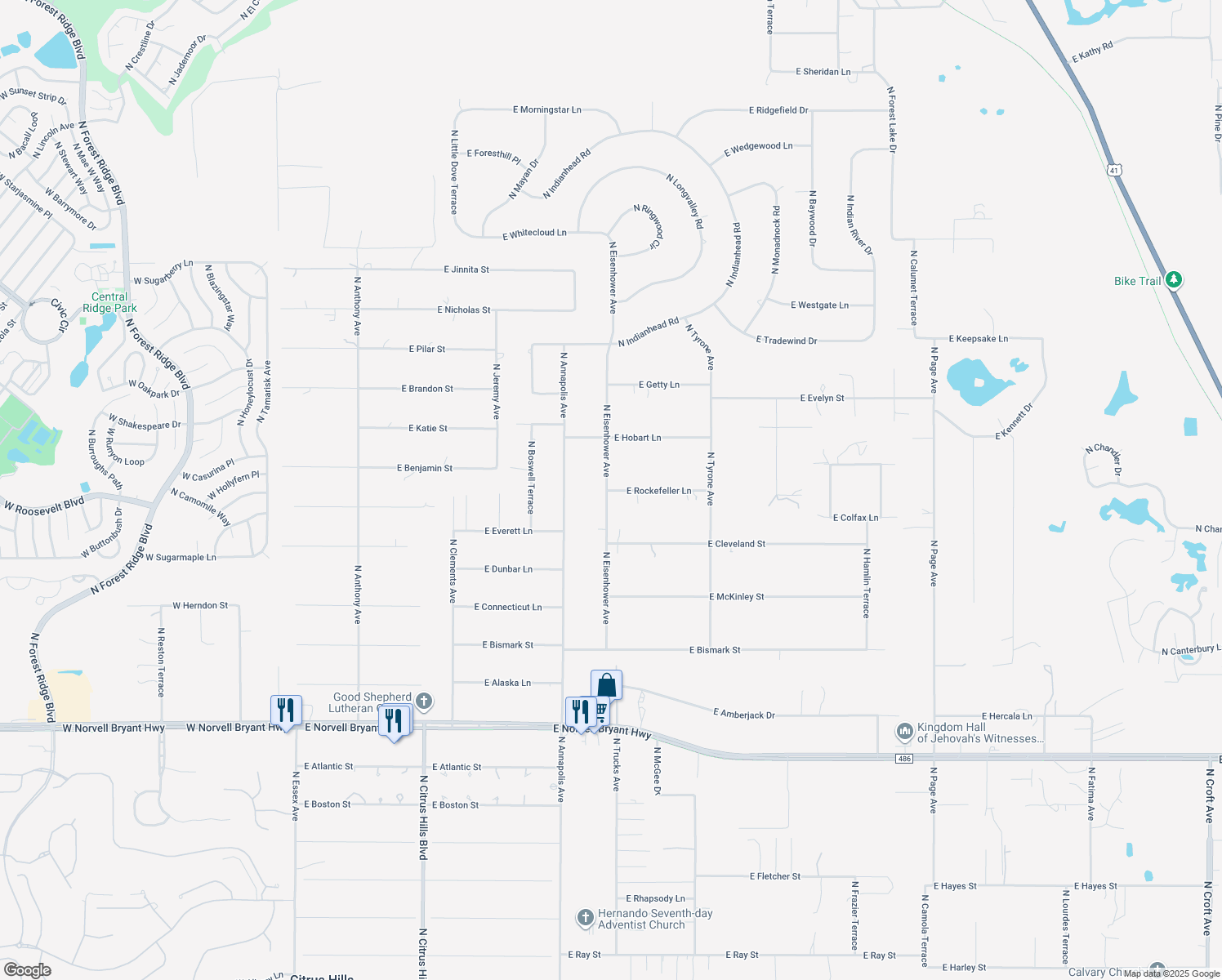 map of restaurants, bars, coffee shops, grocery stores, and more near 1025 East Rockefeller Lane in Hernando