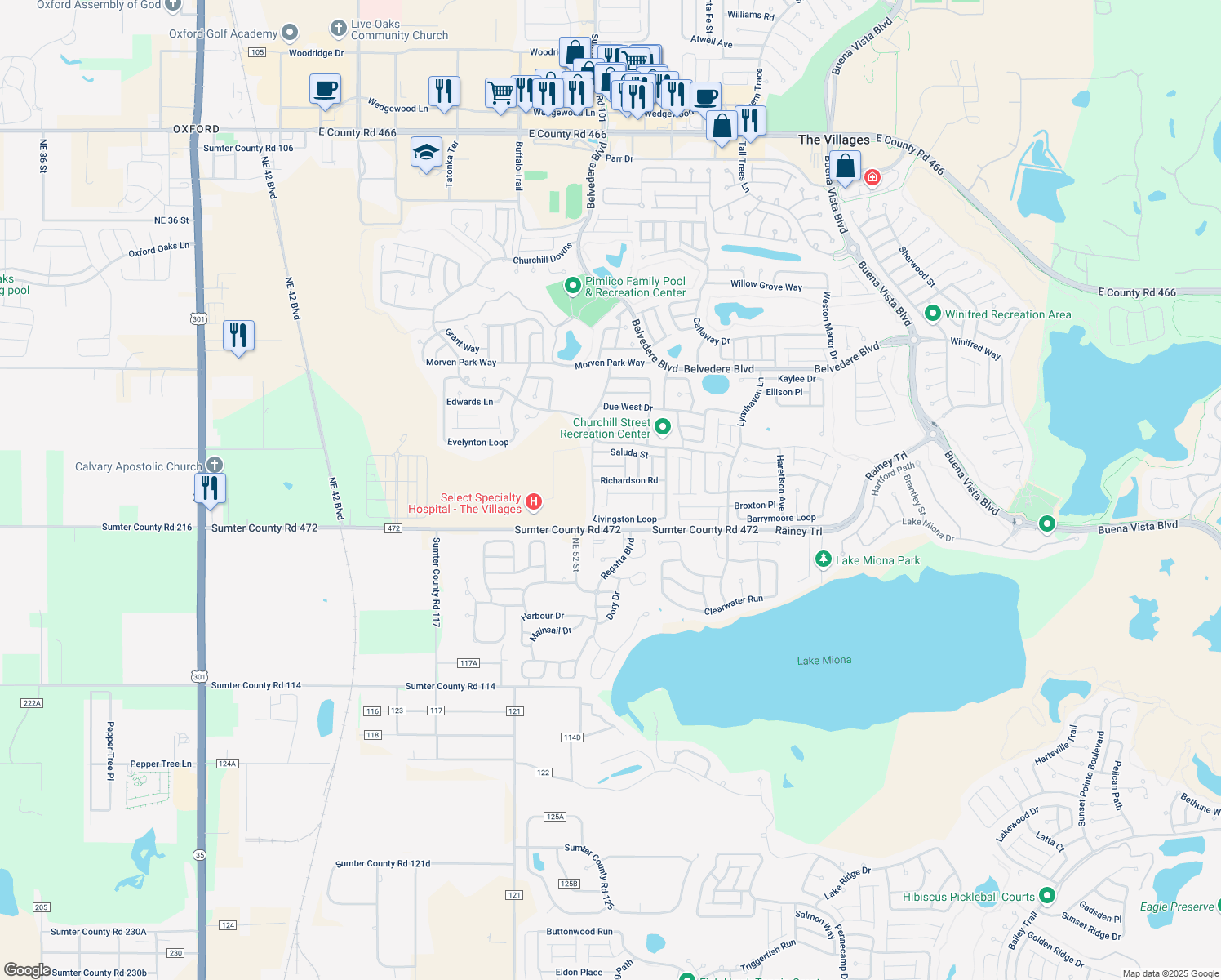 map of restaurants, bars, coffee shops, grocery stores, and more near 2471 Southern Oak Street in The Villages