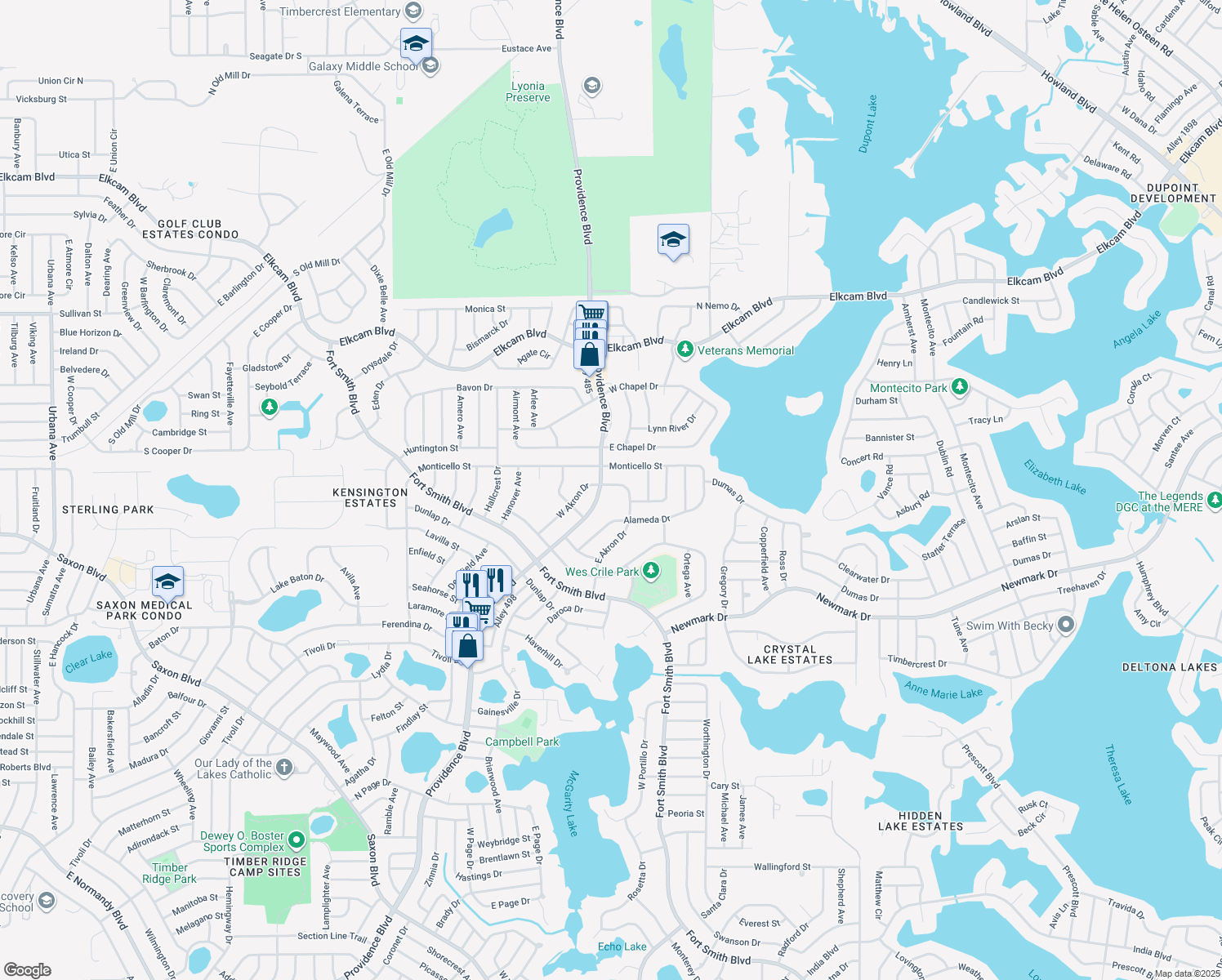 map of restaurants, bars, coffee shops, grocery stores, and more near 1811 North Akron Drive in Deltona