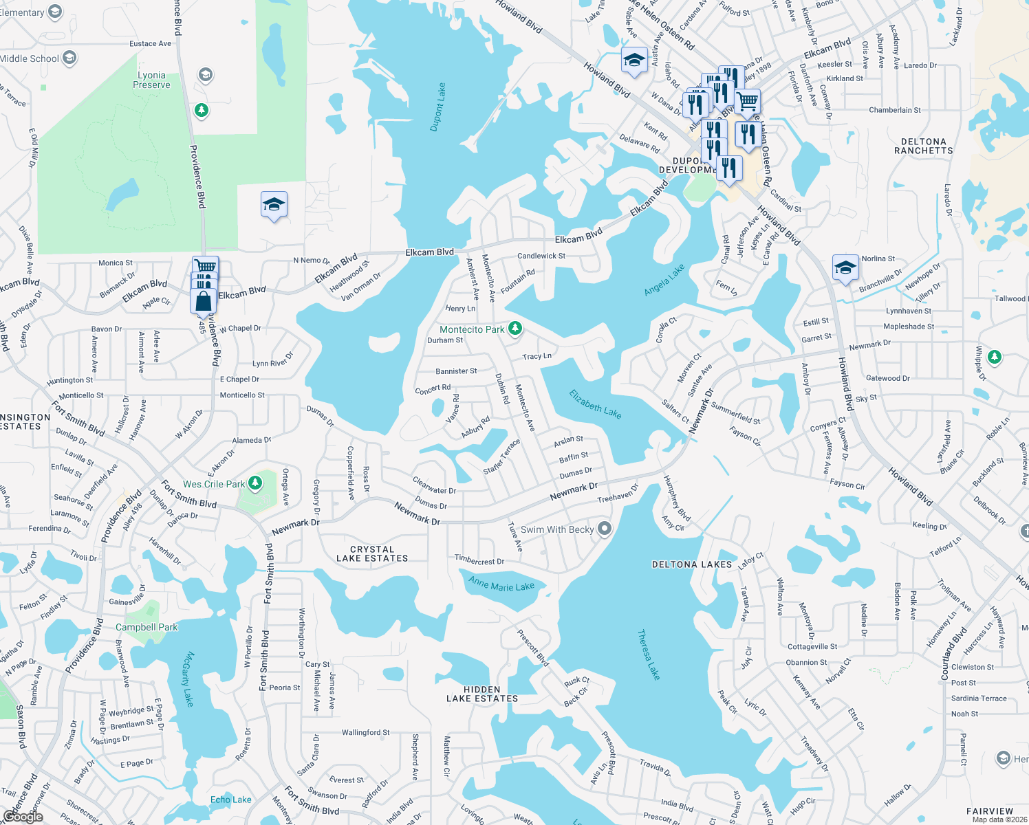 map of restaurants, bars, coffee shops, grocery stores, and more near 1689 Dublin Road in Deltona