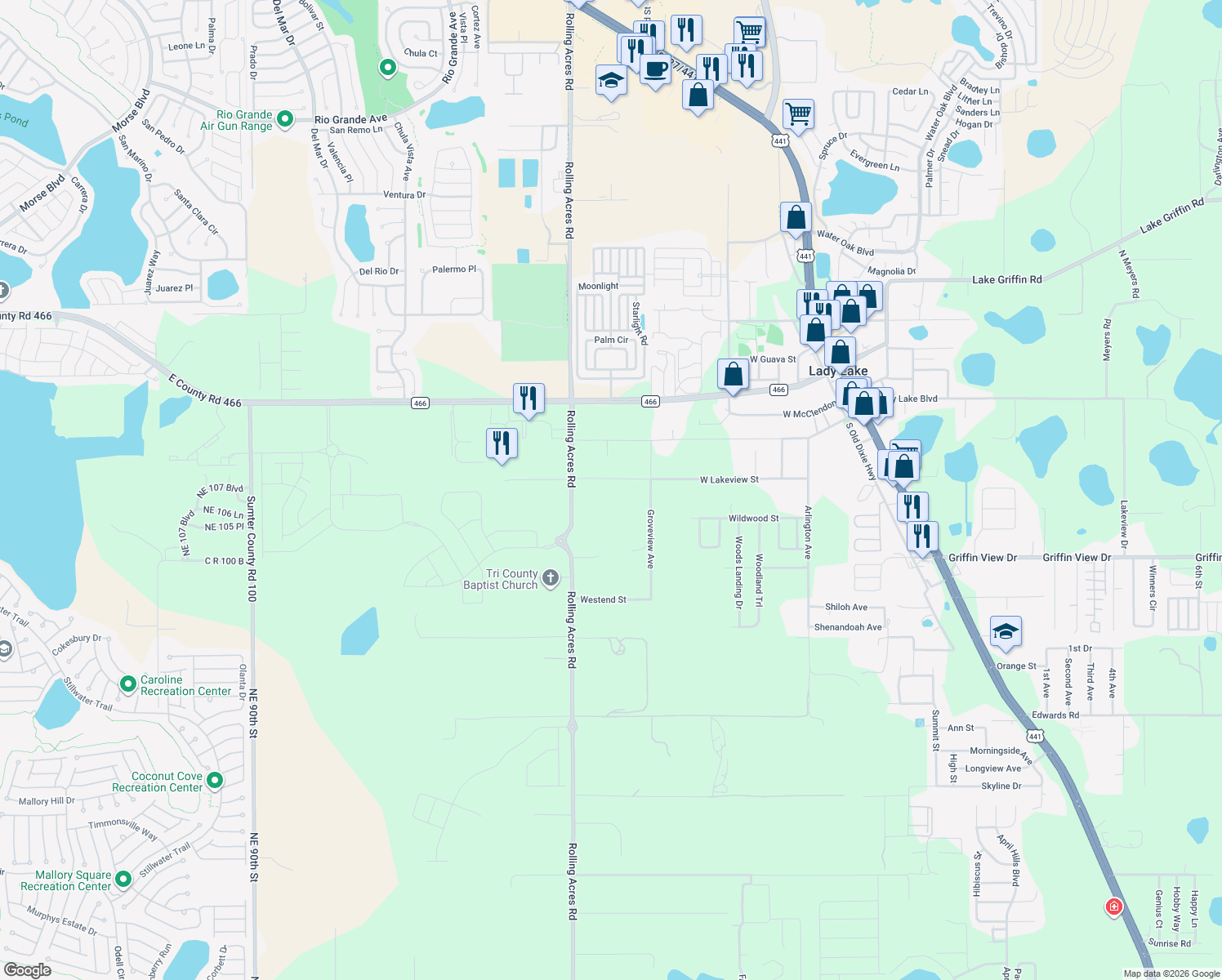 map of restaurants, bars, coffee shops, grocery stores, and more near 38700 Rolling Acres Road in Lady Lake