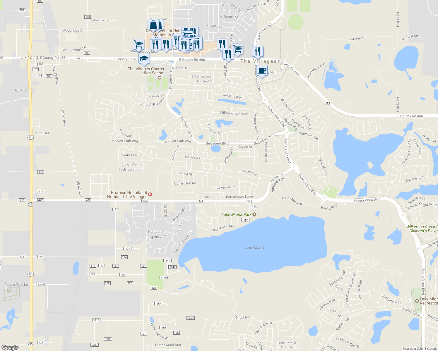 map of restaurants, bars, coffee shops, grocery stores, and more near 869 Terrebonne Terrace in The Villages