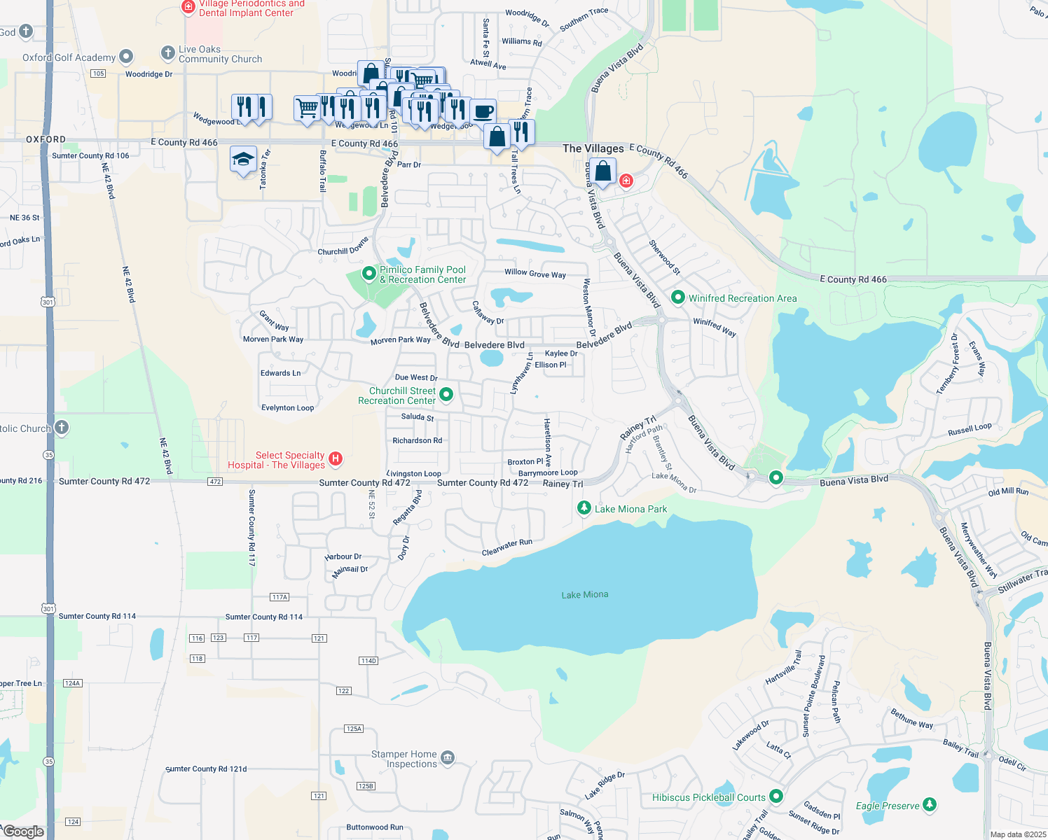 map of restaurants, bars, coffee shops, grocery stores, and more near 2197 Bernard Lane in The Villages