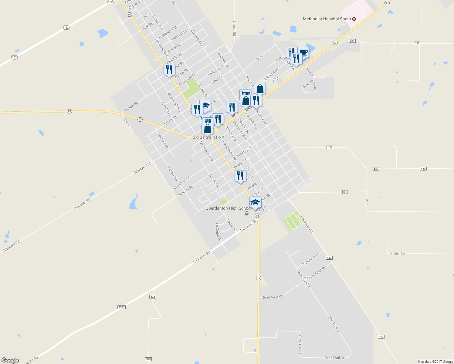 map of restaurants, bars, coffee shops, grocery stores, and more near 704 McDowell Avenue in Jourdanton