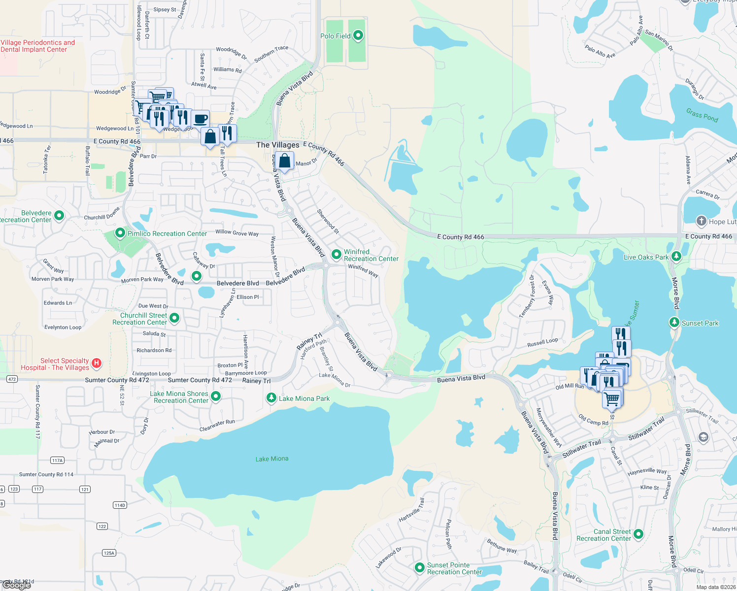 map of restaurants, bars, coffee shops, grocery stores, and more near 740 Pine Hills Place in The Villages