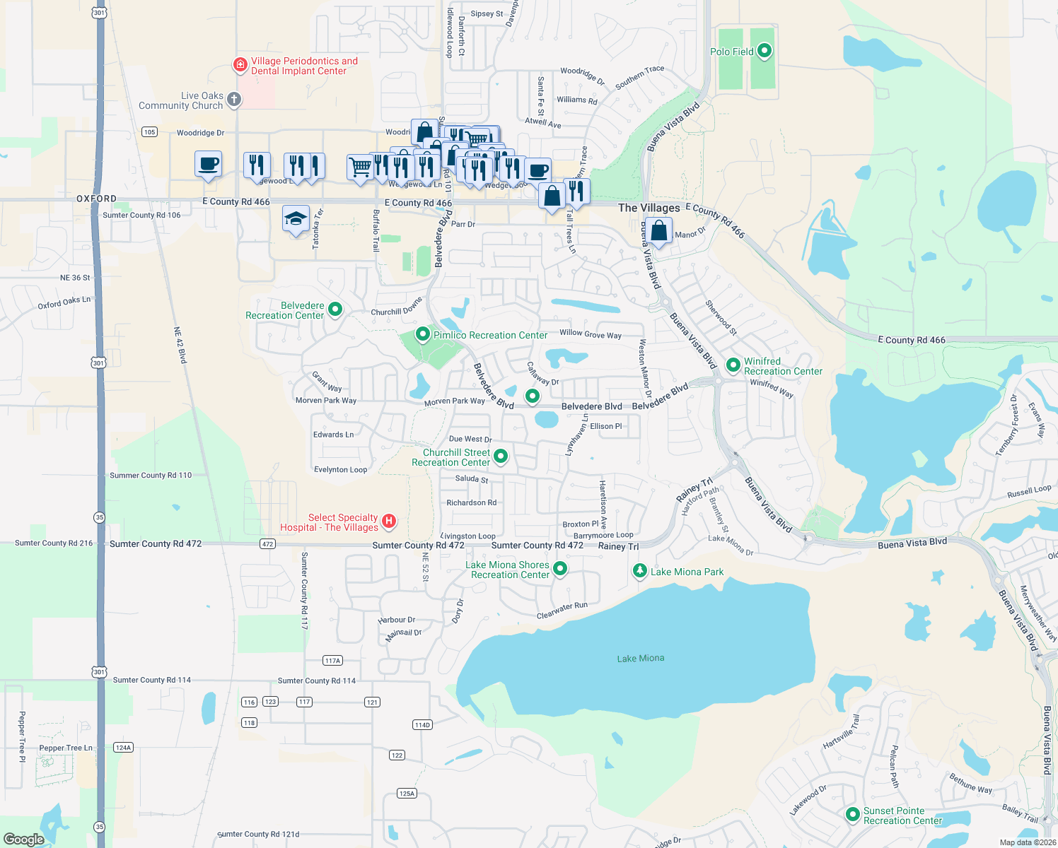 map of restaurants, bars, coffee shops, grocery stores, and more near 749 Willington Way in The Villages