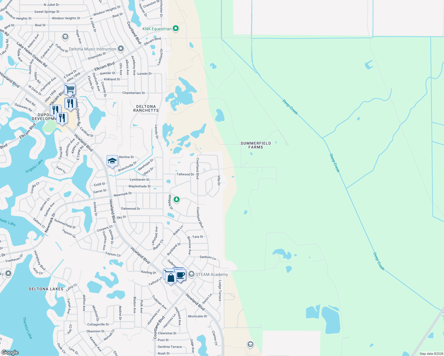 map of restaurants, bars, coffee shops, grocery stores, and more near 1833 Villa Drive in Deltona