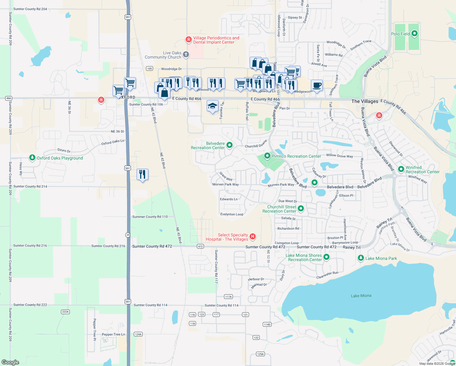 map of restaurants, bars, coffee shops, grocery stores, and more near 2749 Morven Park Way in The Villages