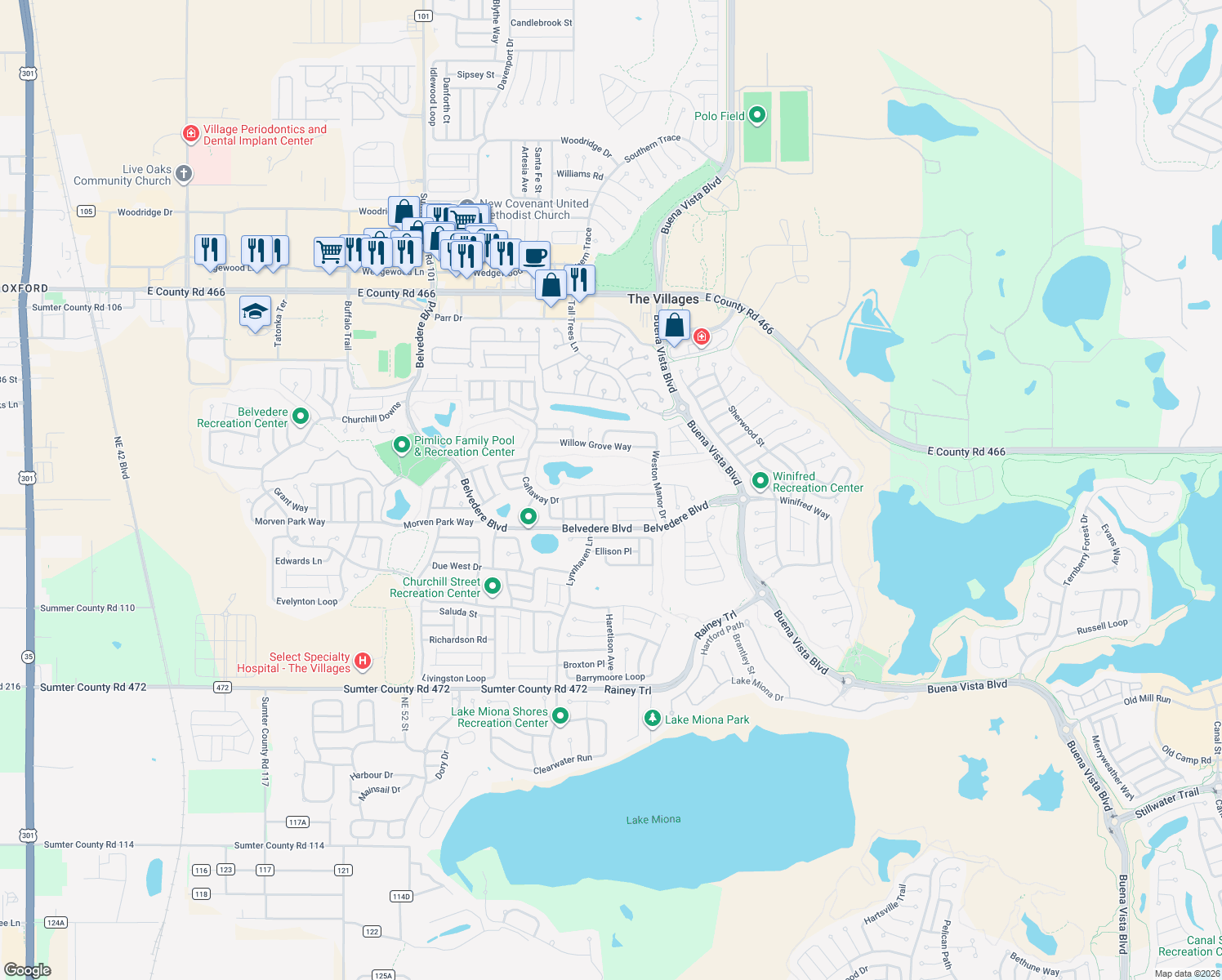 map of restaurants, bars, coffee shops, grocery stores, and more near 2147 Callaway Drive in The Villages