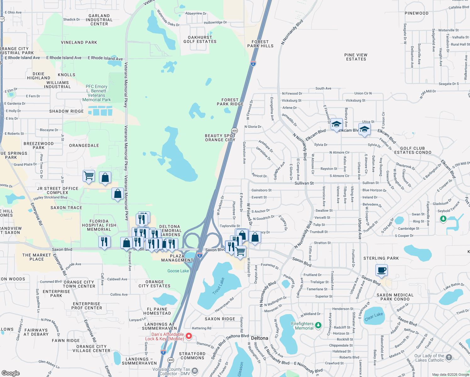 map of restaurants, bars, coffee shops, grocery stores, and more near 2003 North Parkton Drive in Deltona