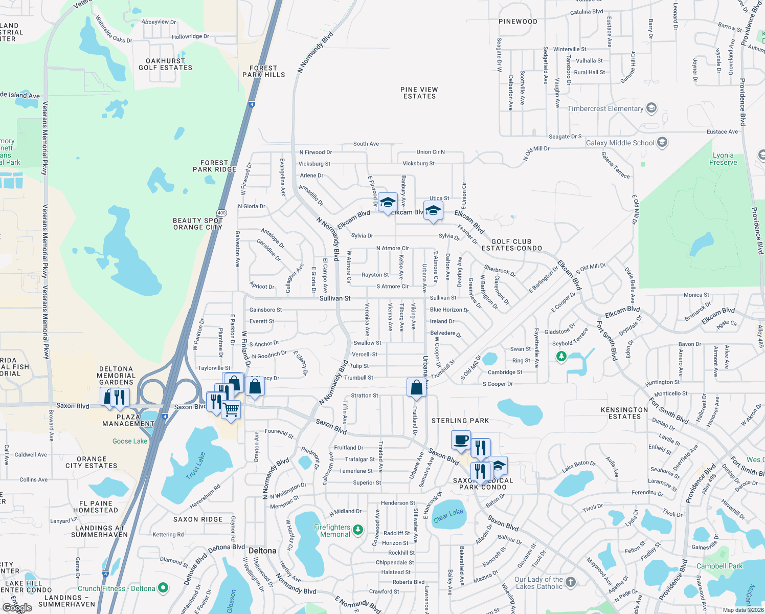 map of restaurants, bars, coffee shops, grocery stores, and more near 1971 Algonquin Avenue in Deltona