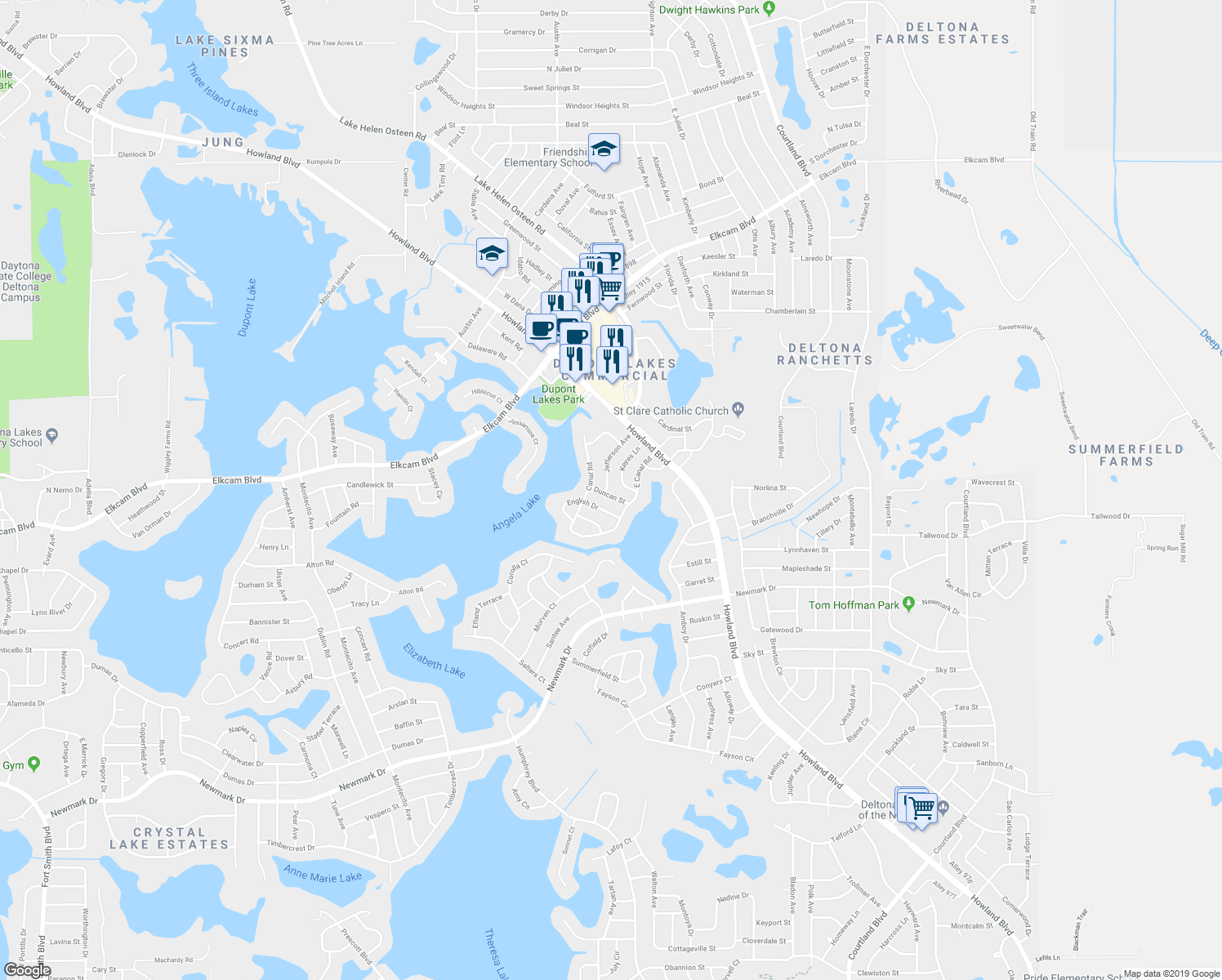 map of restaurants, bars, coffee shops, grocery stores, and more near 2001 Jefferson Avenue in Deltona