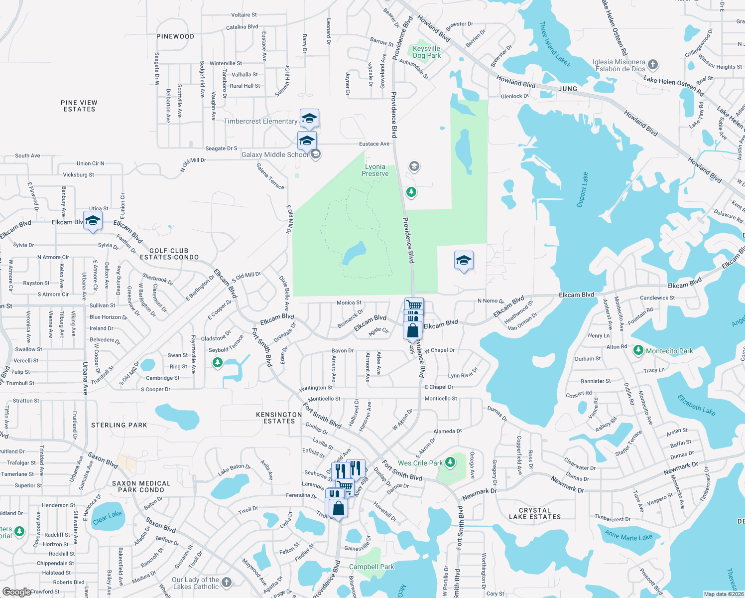 map of restaurants, bars, coffee shops, grocery stores, and more near 1706 Monica Street in Deltona