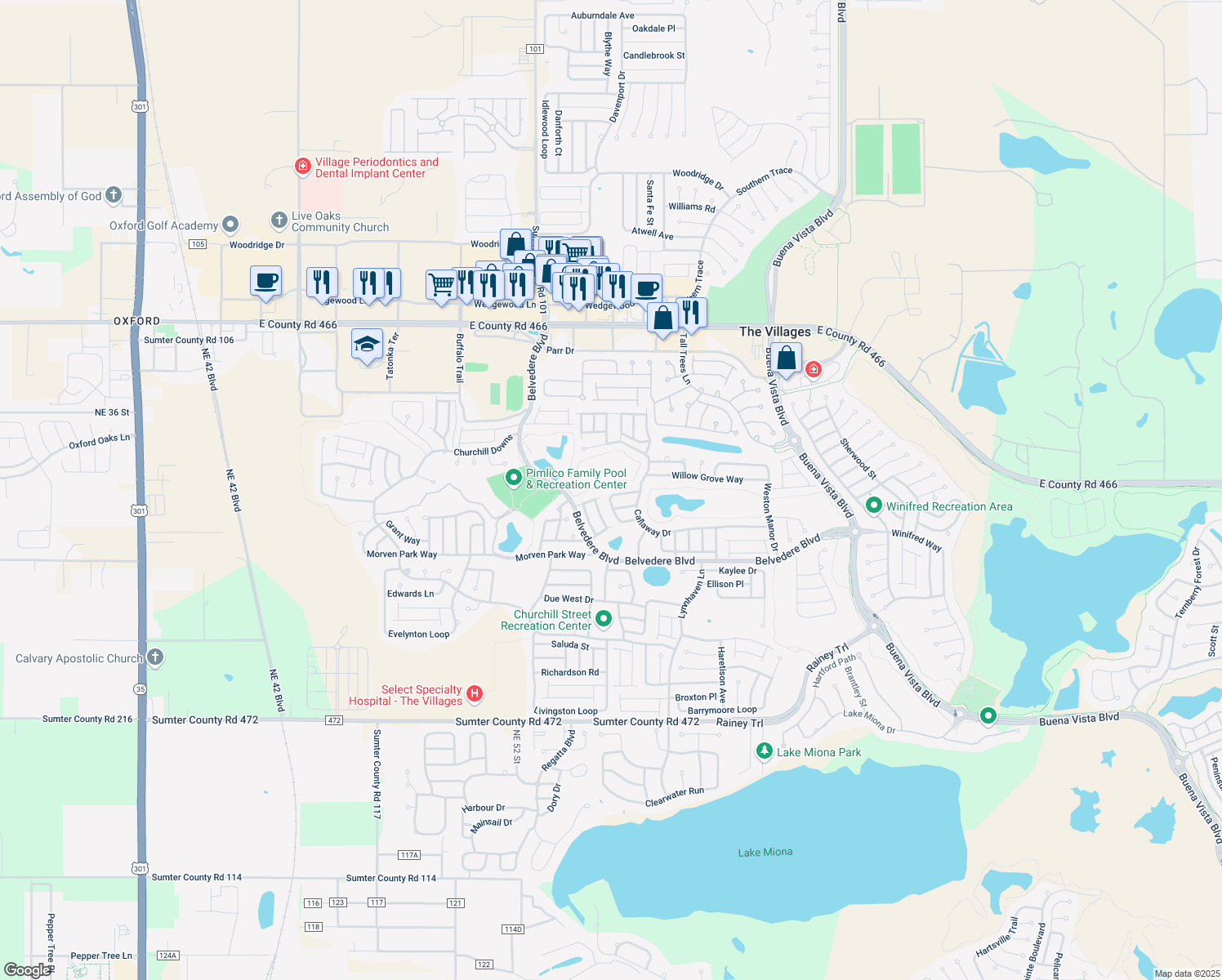 map of restaurants, bars, coffee shops, grocery stores, and more near 2422 Ambler Circle in The Villages