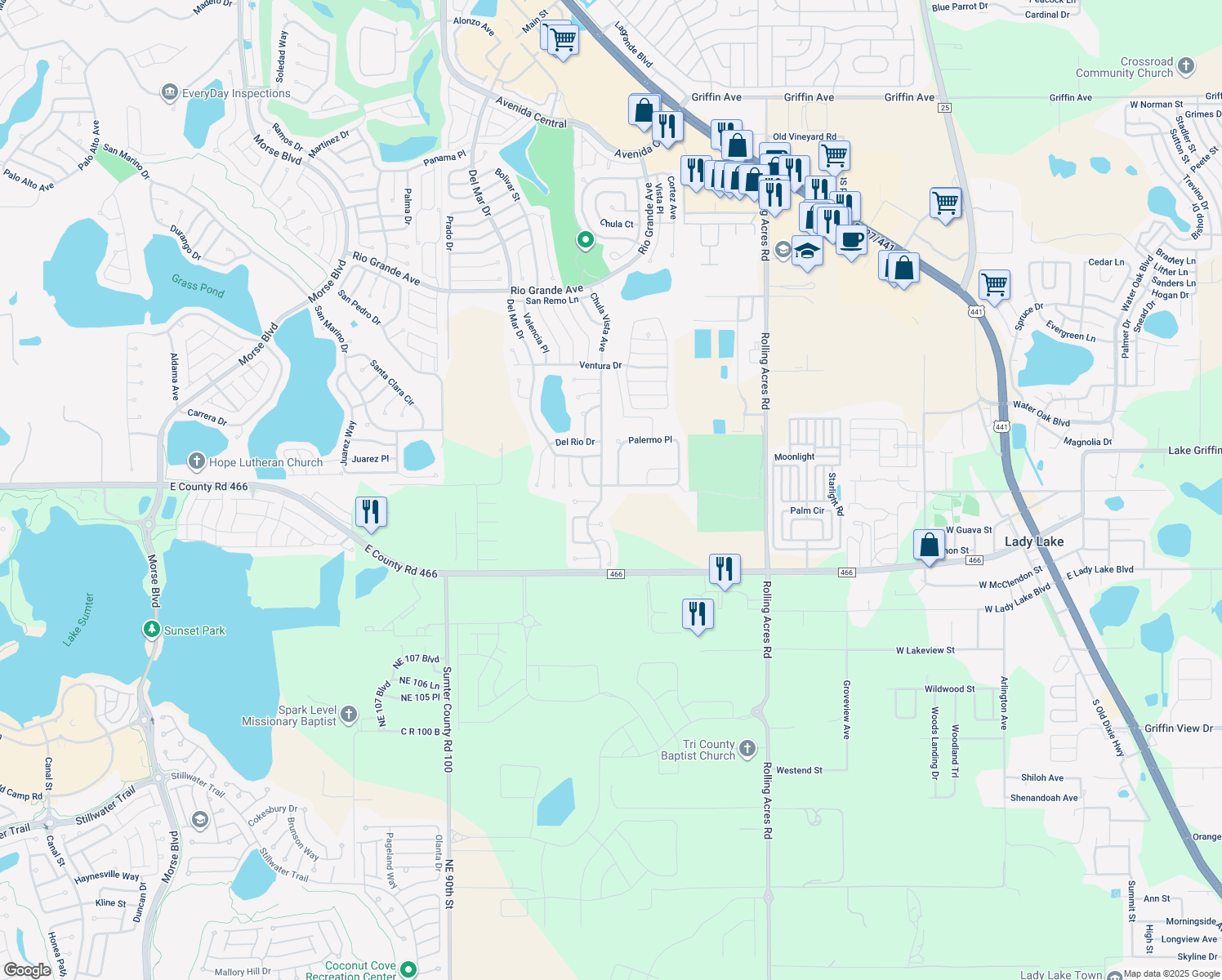 map of restaurants, bars, coffee shops, grocery stores, and more near 196 Palermo Place in Lady Lake