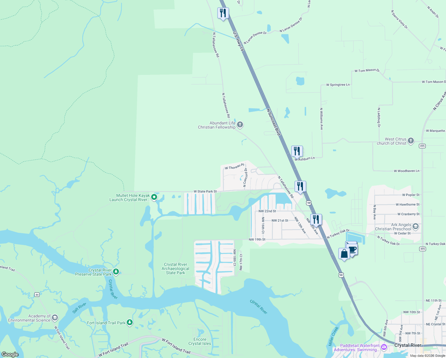 map of restaurants, bars, coffee shops, grocery stores, and more near 4108 North Casa Terrace in Crystal River