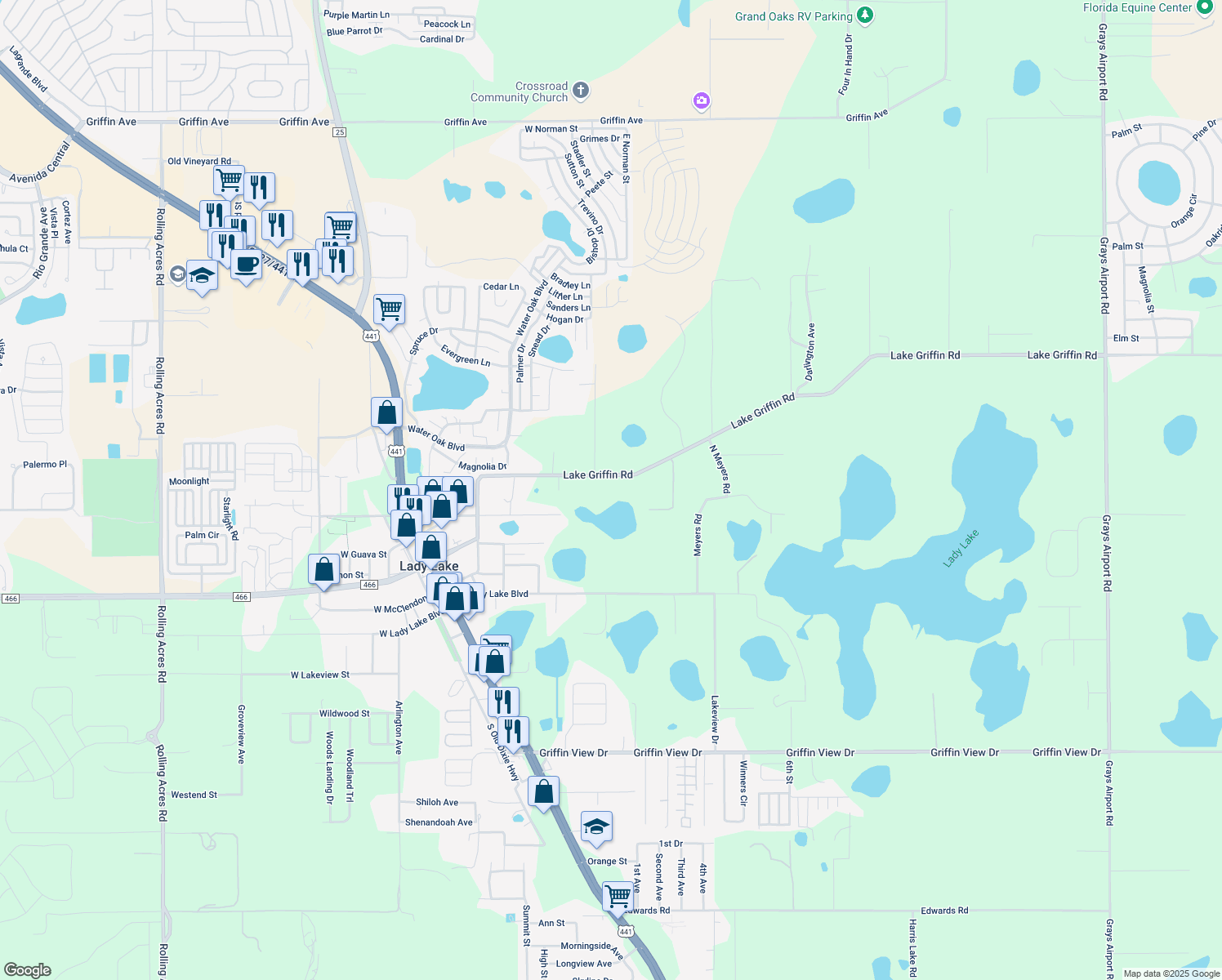 map of restaurants, bars, coffee shops, grocery stores, and more near 2416 Lake Griffin Road in Lady Lake