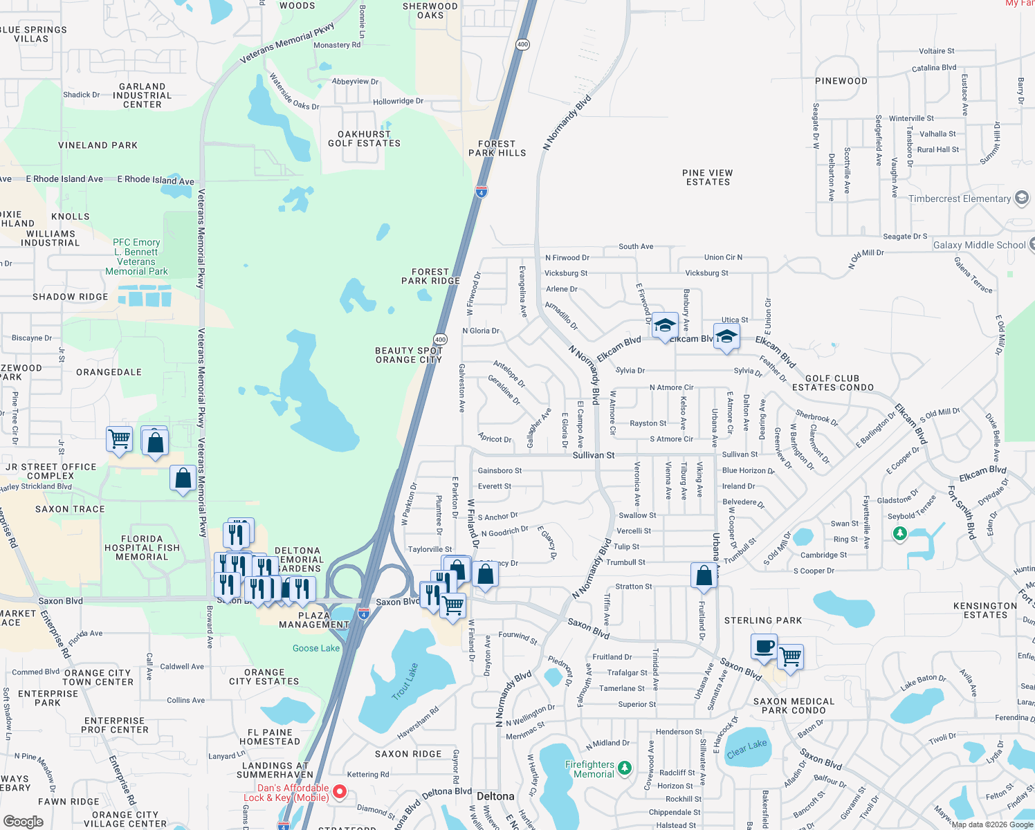 map of restaurants, bars, coffee shops, grocery stores, and more near 574 Gondolier Terrace in Deltona