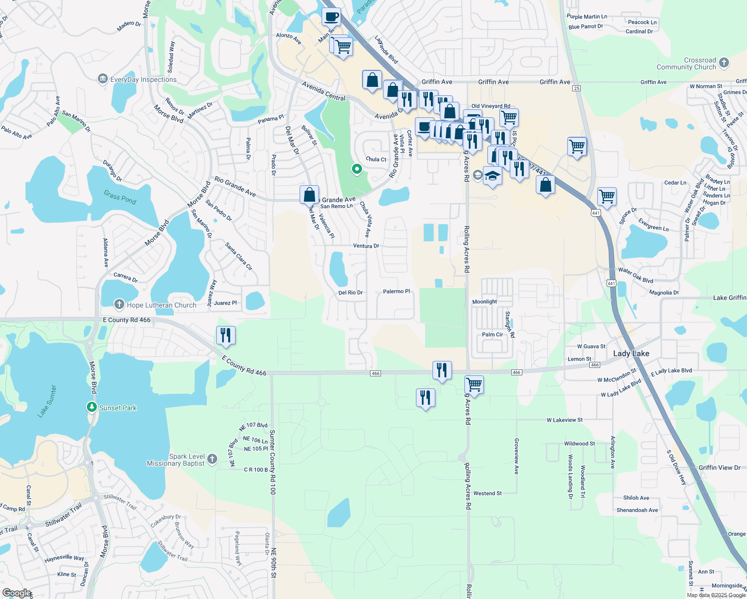 map of restaurants, bars, coffee shops, grocery stores, and more near 102 Palermo Place in Lady Lake