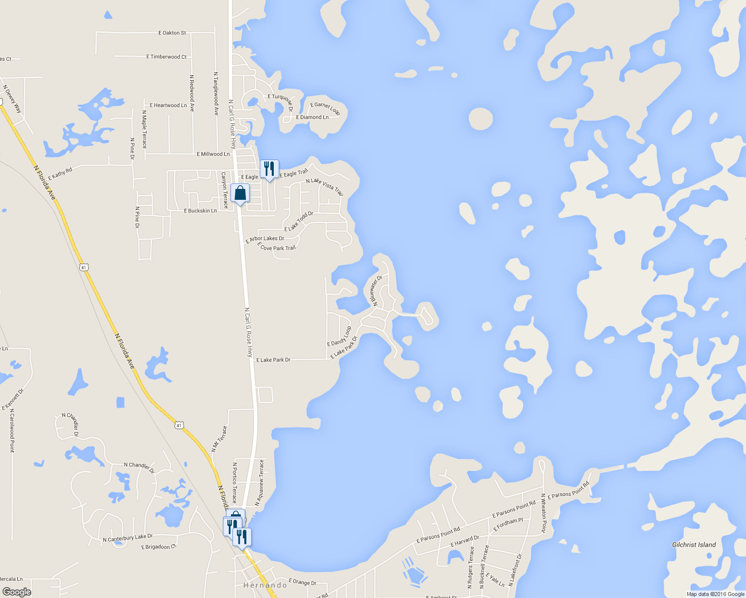 map of restaurants, bars, coffee shops, grocery stores, and more near 4025 North Bluewater Drive in Hernando