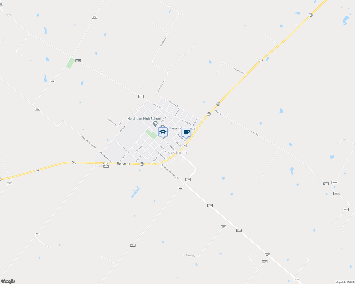 map of restaurants, bars, coffee shops, grocery stores, and more near 211 Oak Street in Nordheim