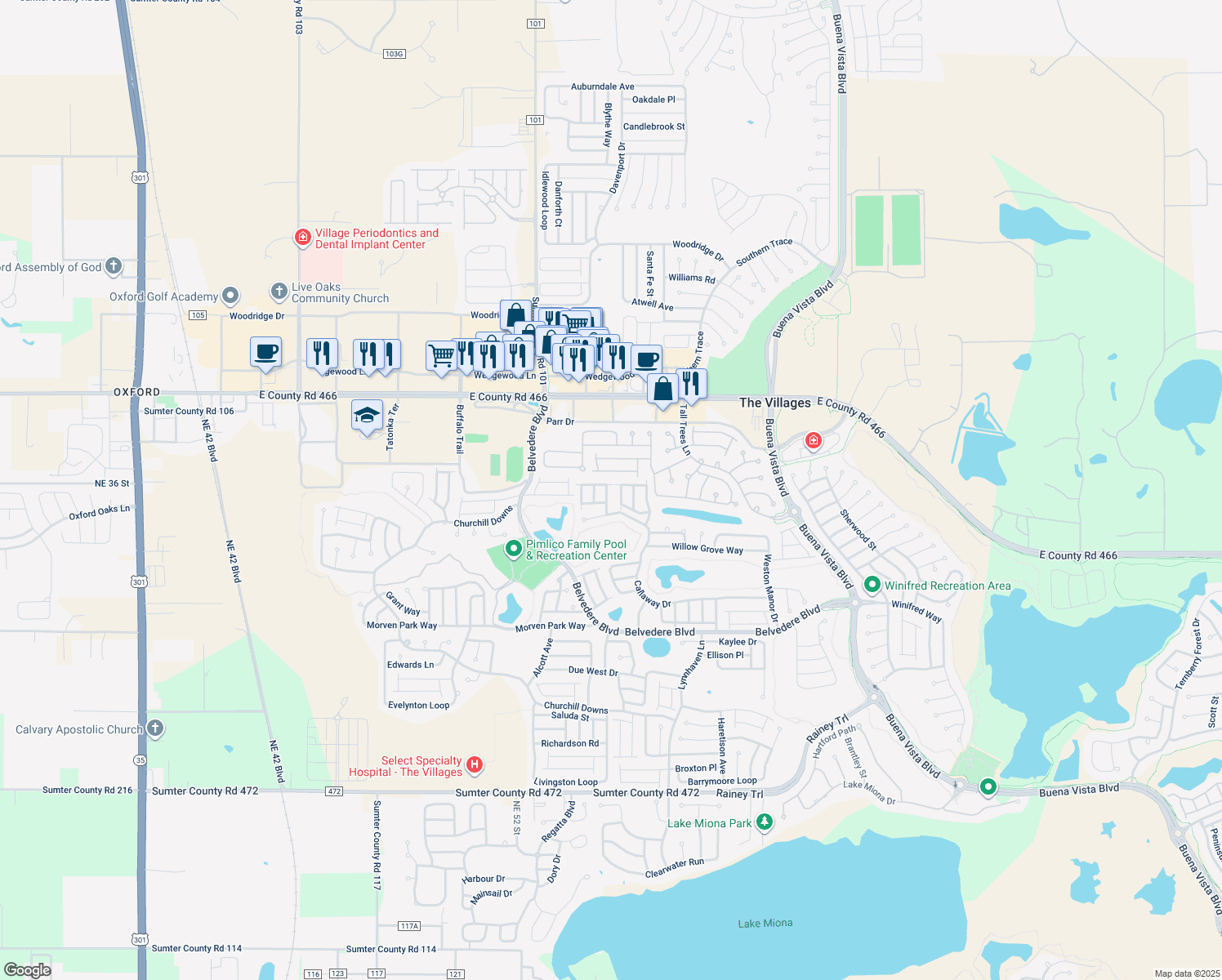 map of restaurants, bars, coffee shops, grocery stores, and more near 429 Ingleside Drive in The Villages