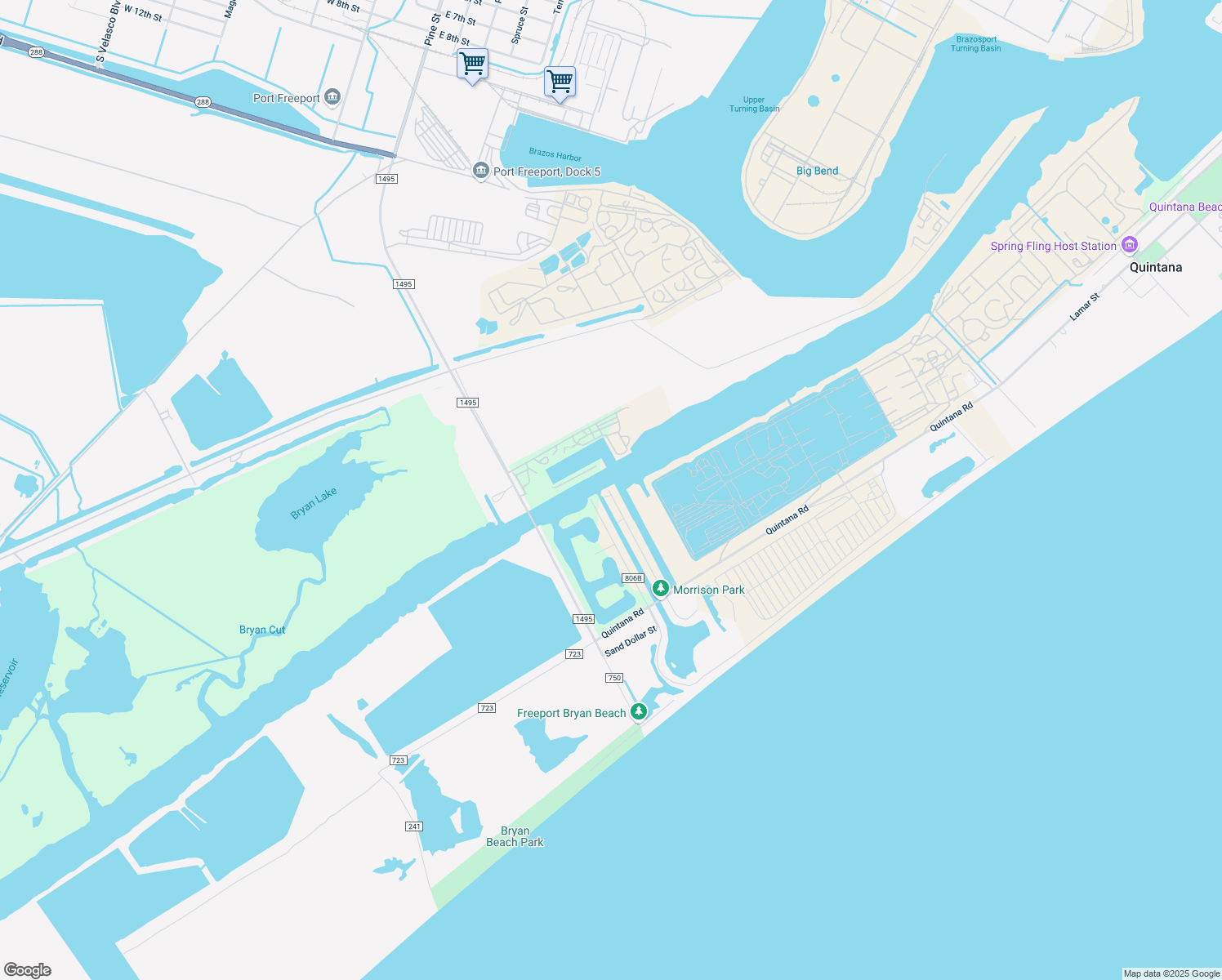 map of restaurants, bars, coffee shops, grocery stores, and more near 2501 Deep Sea Drive in Freeport