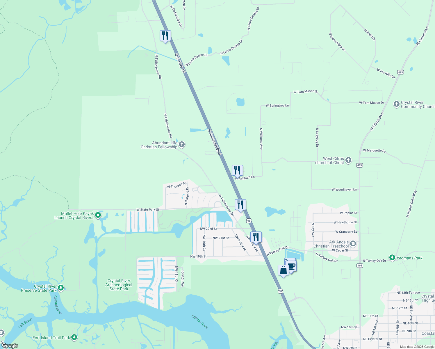 map of restaurants, bars, coffee shops, grocery stores, and more near 4282 North Suncoast Boulevard in Crystal River