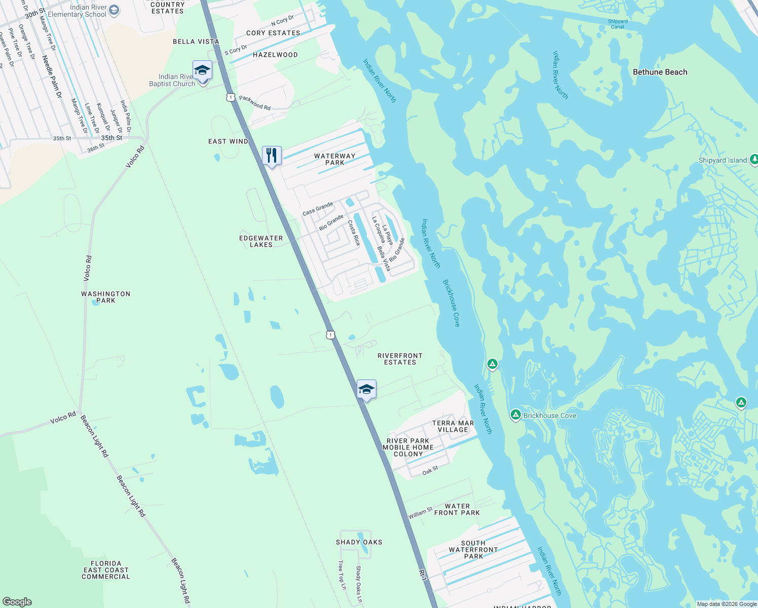 map of restaurants, bars, coffee shops, grocery stores, and more near 4115 U.S. 1 in Edgewater