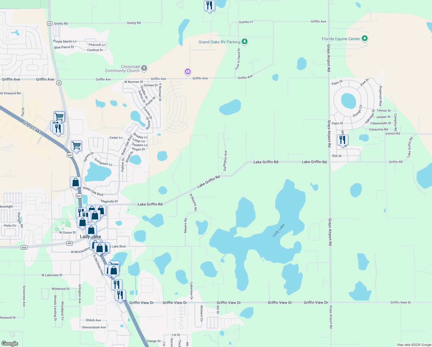 map of restaurants, bars, coffee shops, grocery stores, and more near 2935 Lake Griffin Road in Lady Lake